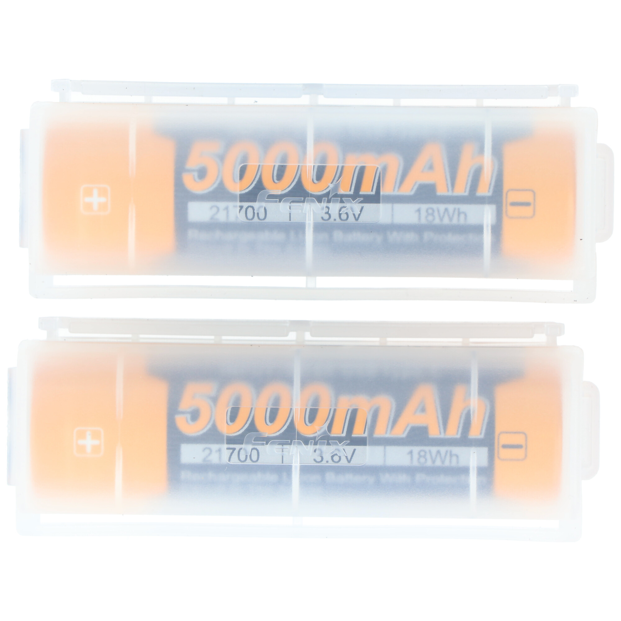 Zwei orange-schwarze Batterien in klarer Plastikverpackung, Etiketten sichtbar.