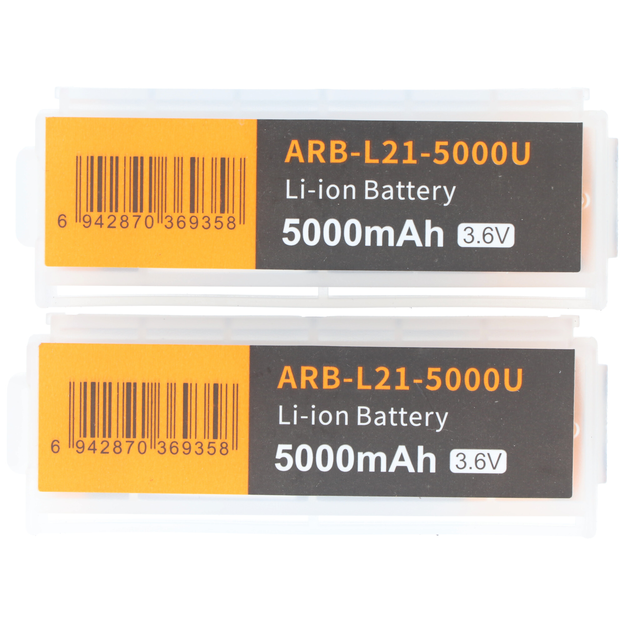 Zwei Li-Ionen-Akkus, schwarz-orange Etiketten. Text: "ARB-L21-5000U", "5000mAh 3.6V".