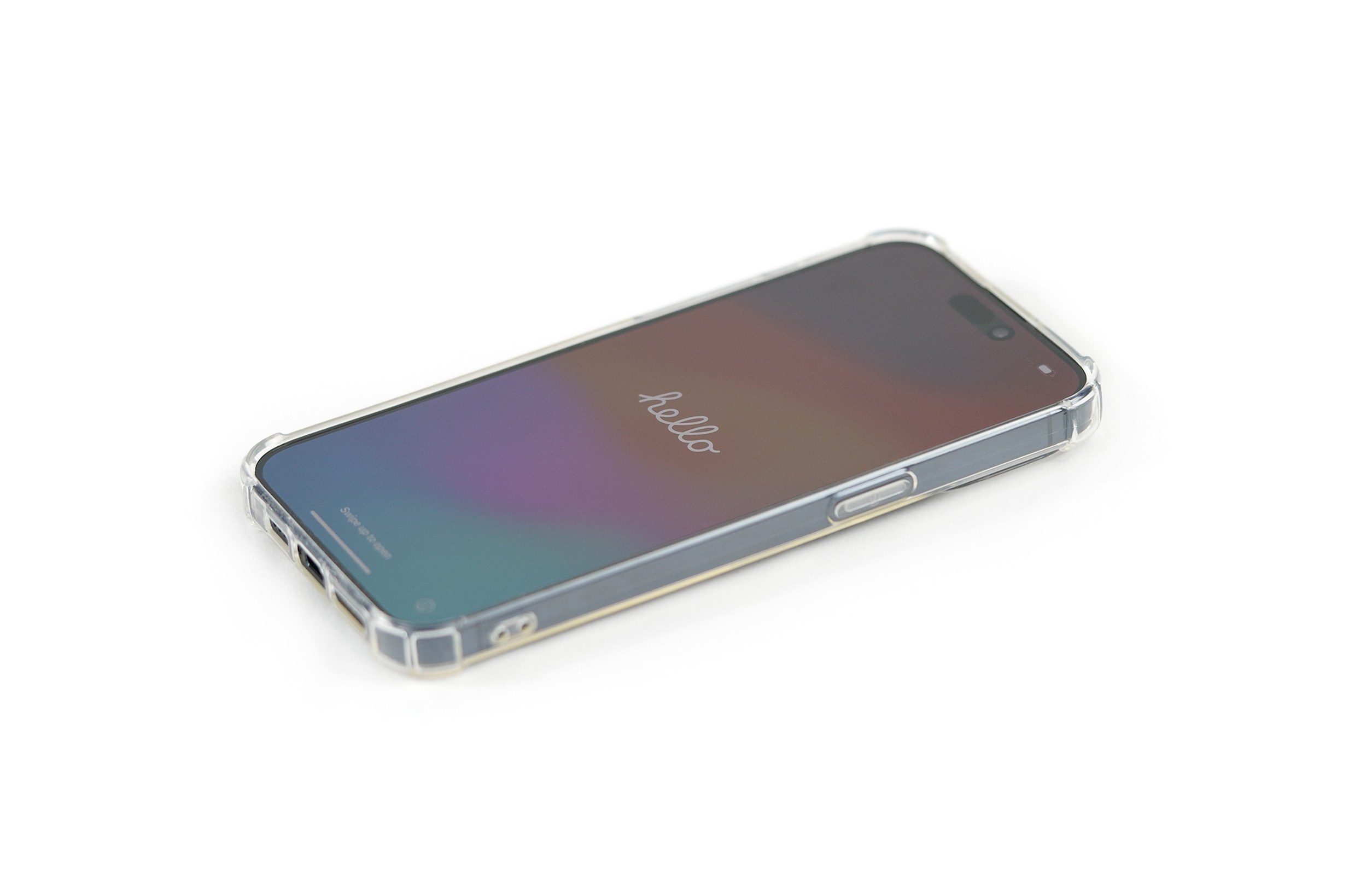 Telefon in einer transparenten Schutzhülle. Der Bildschirm zeigt eine 'Hallo'-Nachricht auf farbigem Hintergrund.