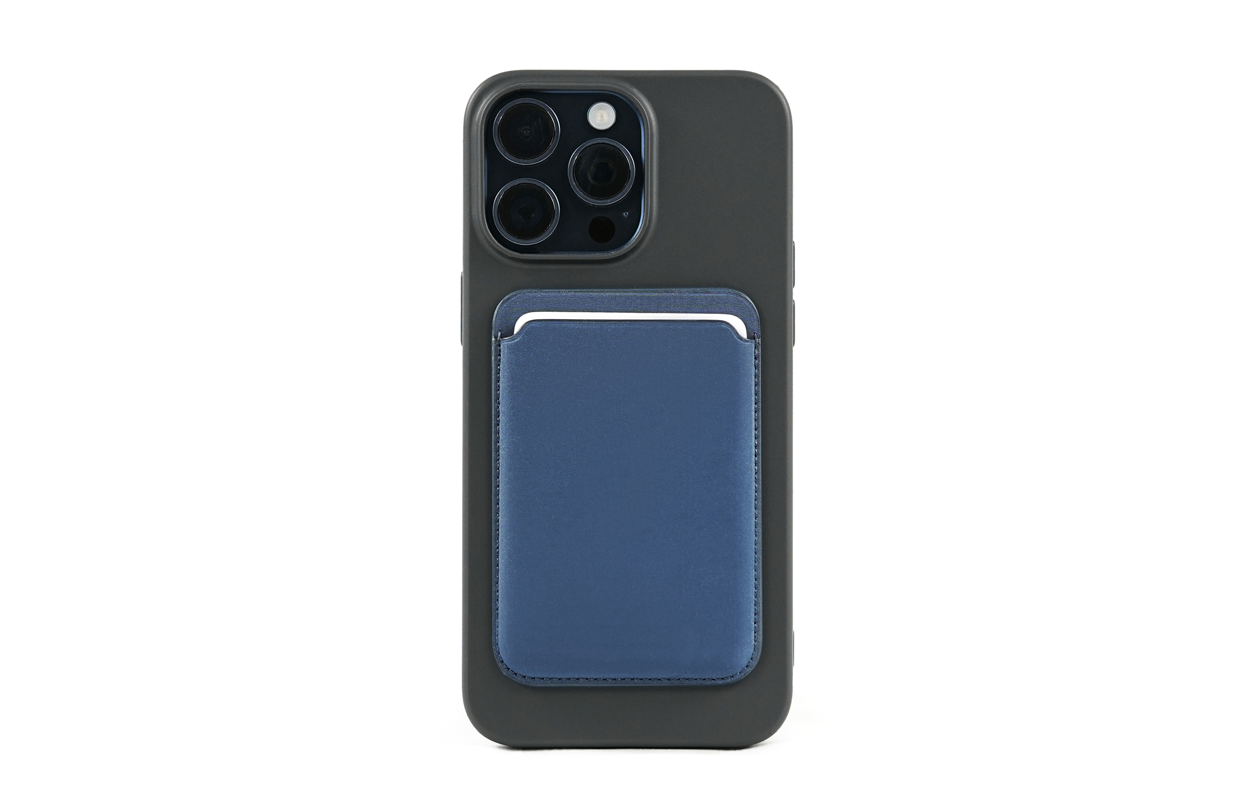 Dunkelgraues Telefon mit blauem Kartenhalter. Weißer Hintergrund.