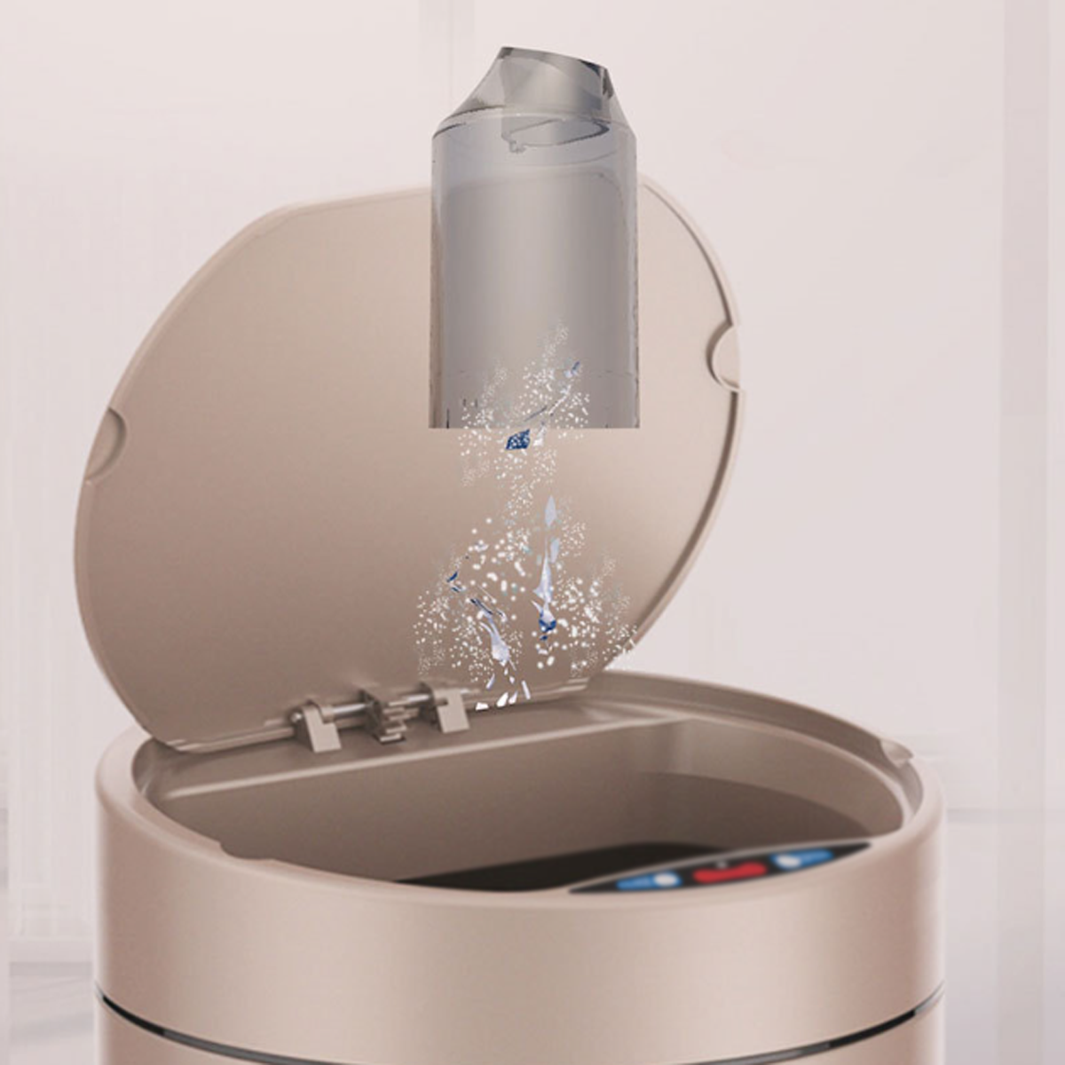 Un cubo de basura color beige con la tapa abierta. Un cilindro transparente dispensa gotas de agua.