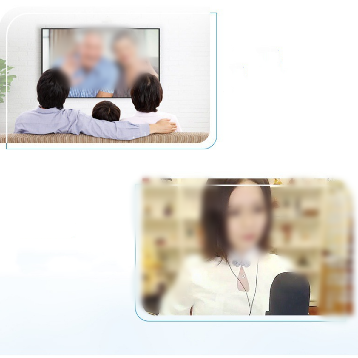 Verschwommenes Bild einer Familie beim Fernsehen und einer Frau, die mit Mikrofon aufnimmt.