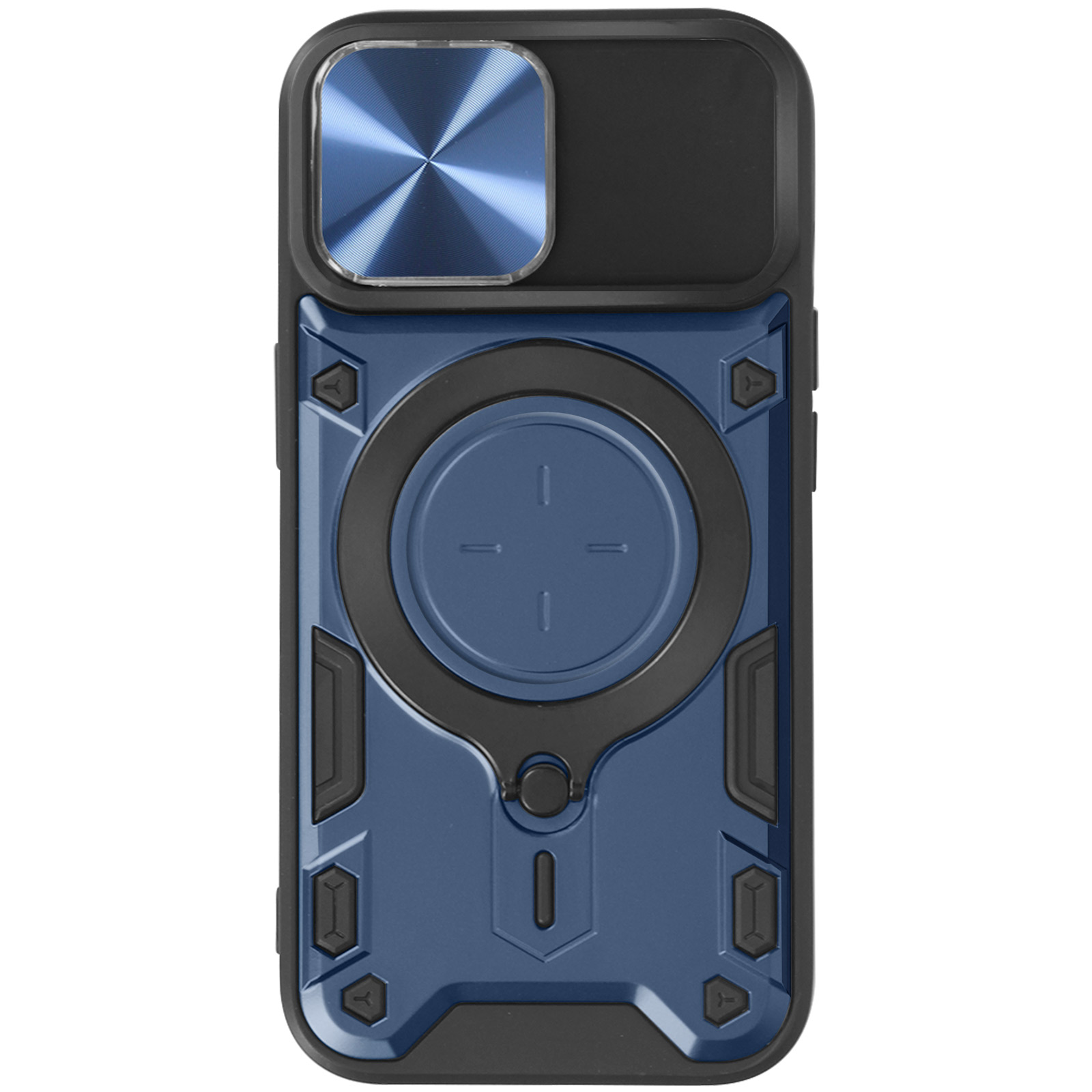 Custodia blu per telefono con copertura per fotocamera e design ad anello metallico. Contorno nero.