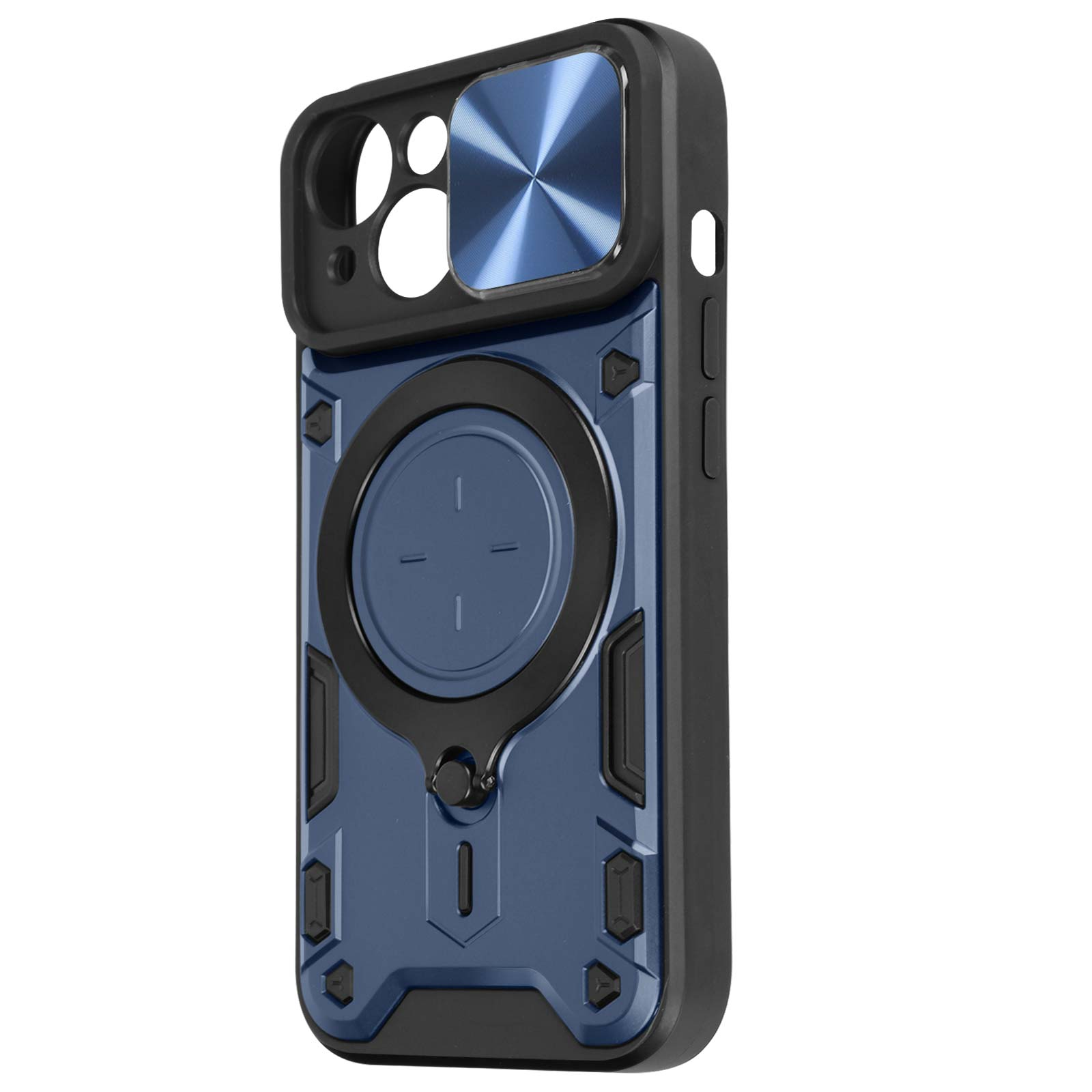 Custodia blu per telefono con un design circolare sul retro e dettagli neri.