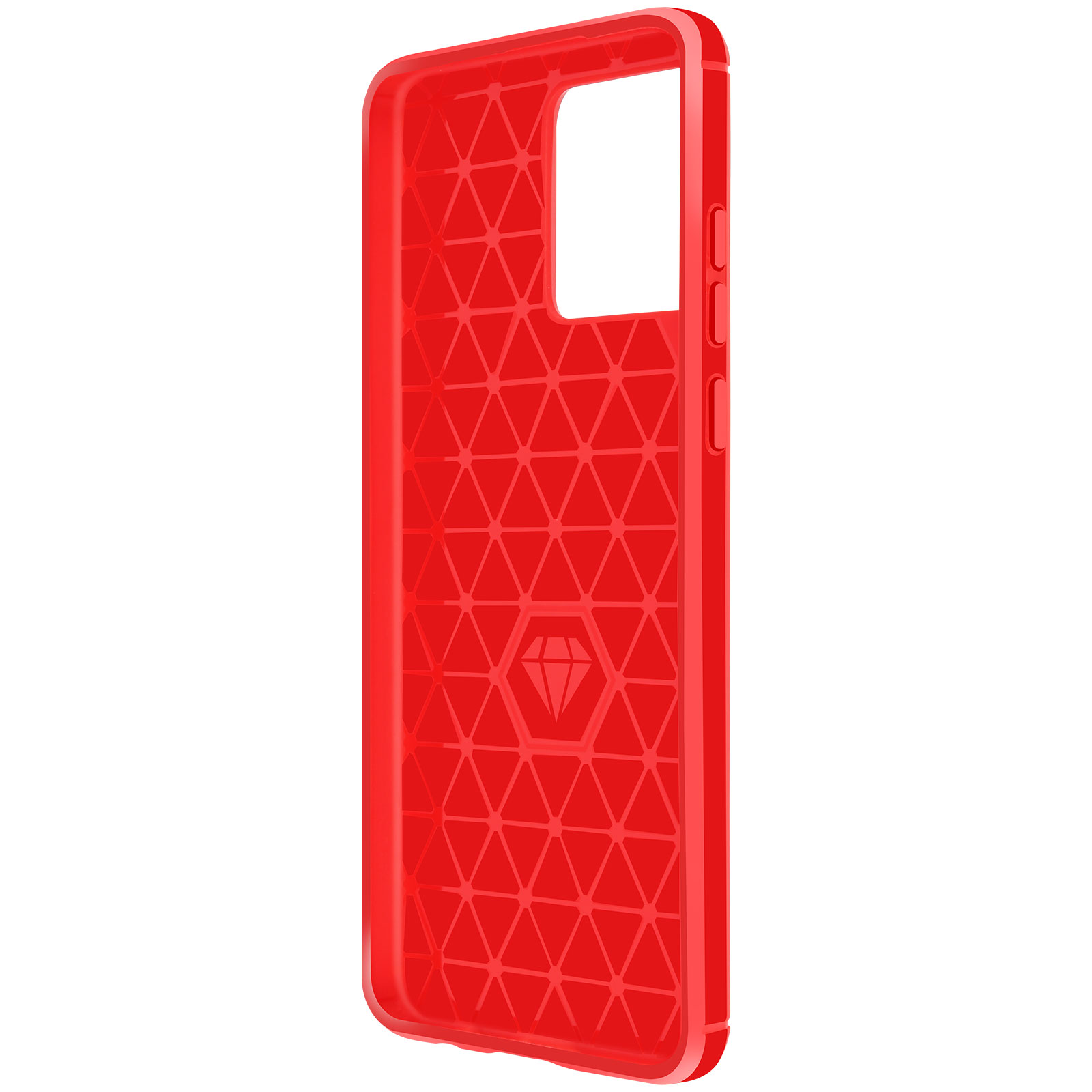 Custodia rossa per telefono con motivo geometrico, con foro per la fotocamera.