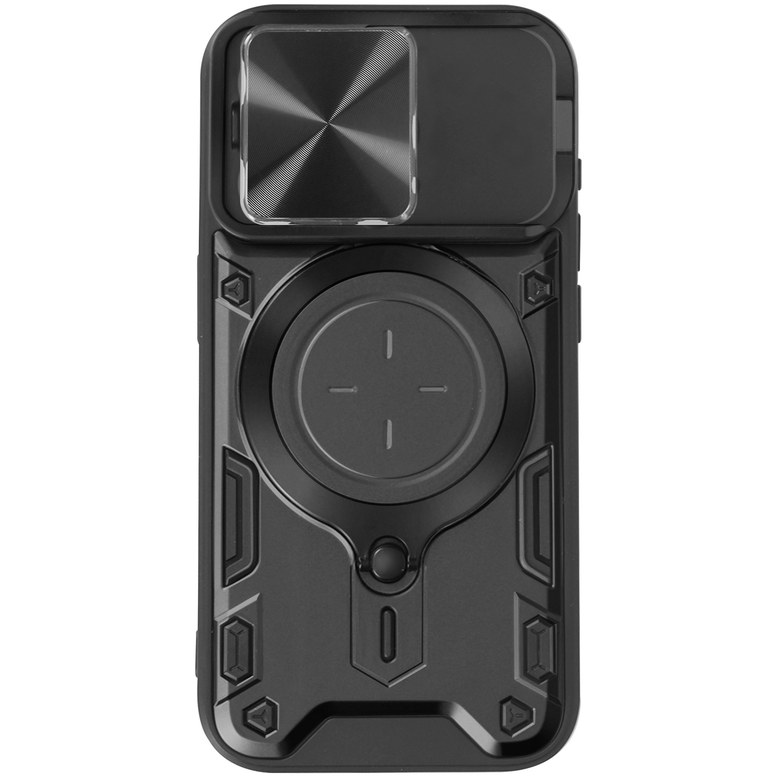 Custodia nera per telefono con copertura per fotocamera. La custodia è nera opaca con design rotondo.