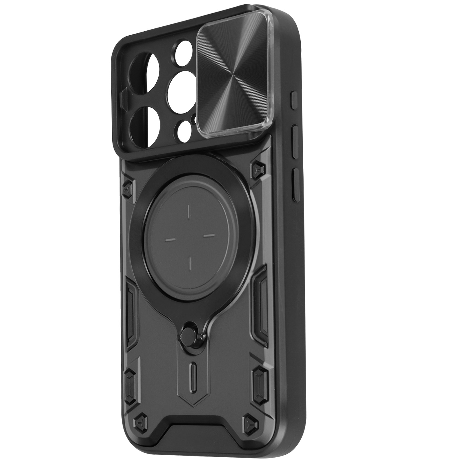 Una custodia nera per telefono con protezione fotocamera, anello magnetico e superficie strutturata.