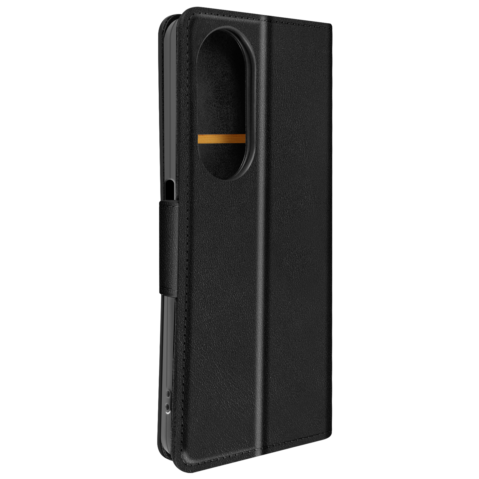 Custodia per telefono nera. È una custodia a libro con chiusura magnetica e un accento dorato.