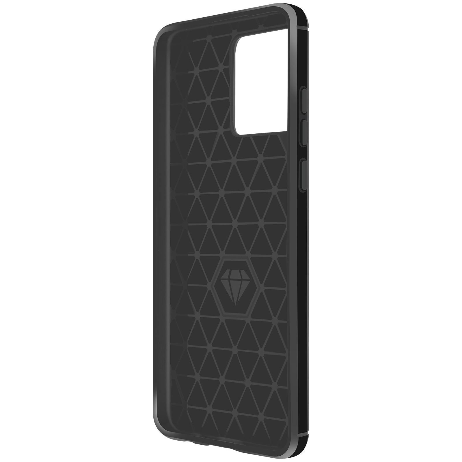 Interno della custodia del telefono nero. Si tratta di una custodia nera con un interno a motivi geometrici e un logo a diamante.