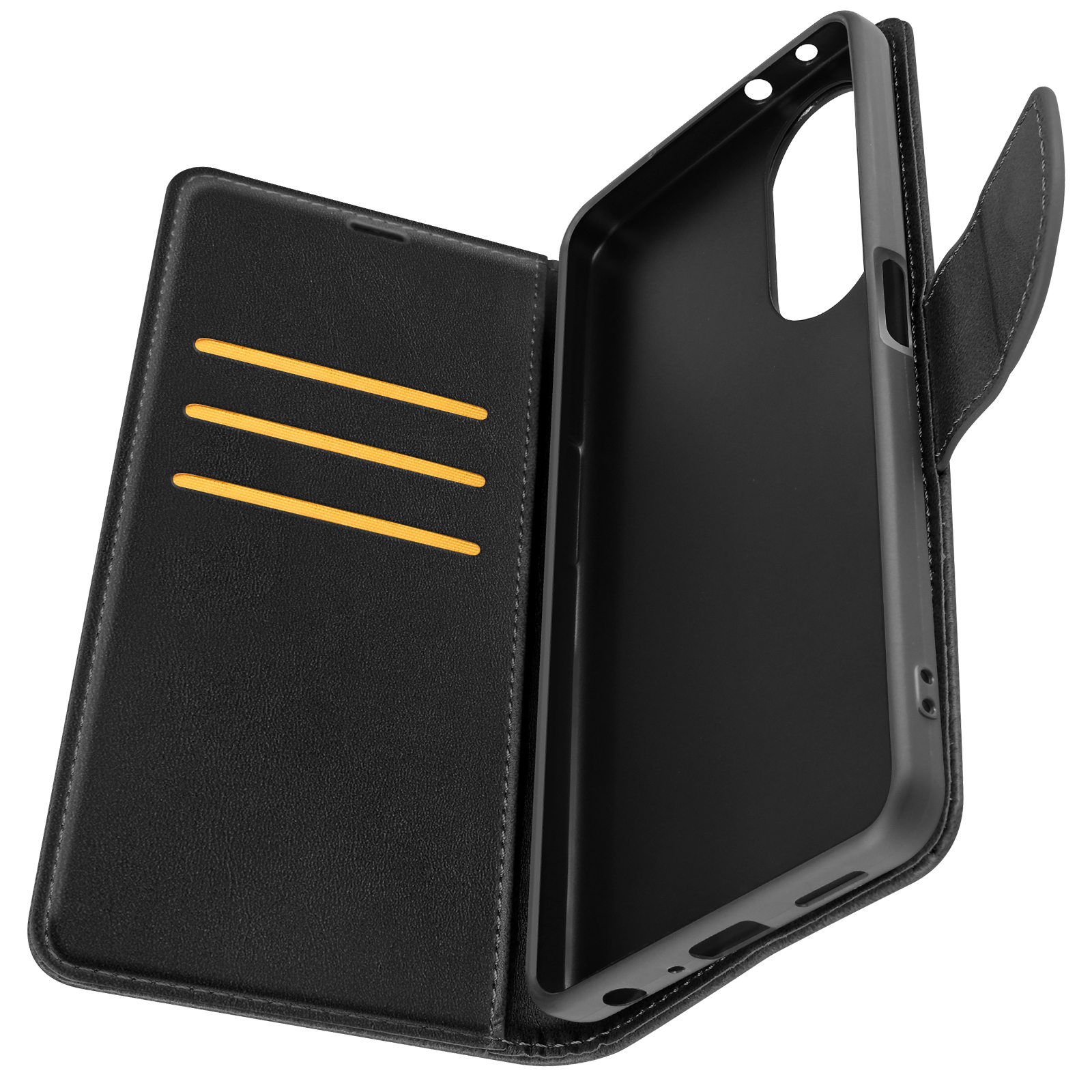 Custodia per telefono in pelle nera con fessure per carte gialle e chiusura magnetica.