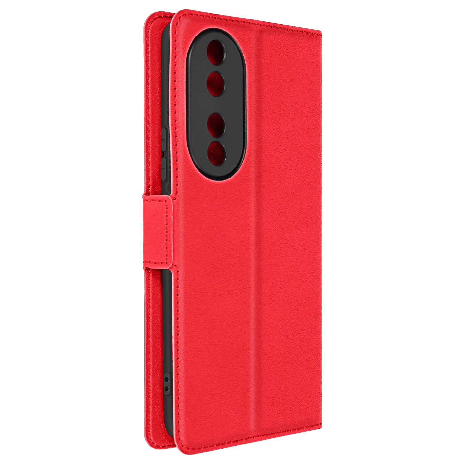 Custodia rossa per telefono con patta e ritaglio fotocamera, aperta.