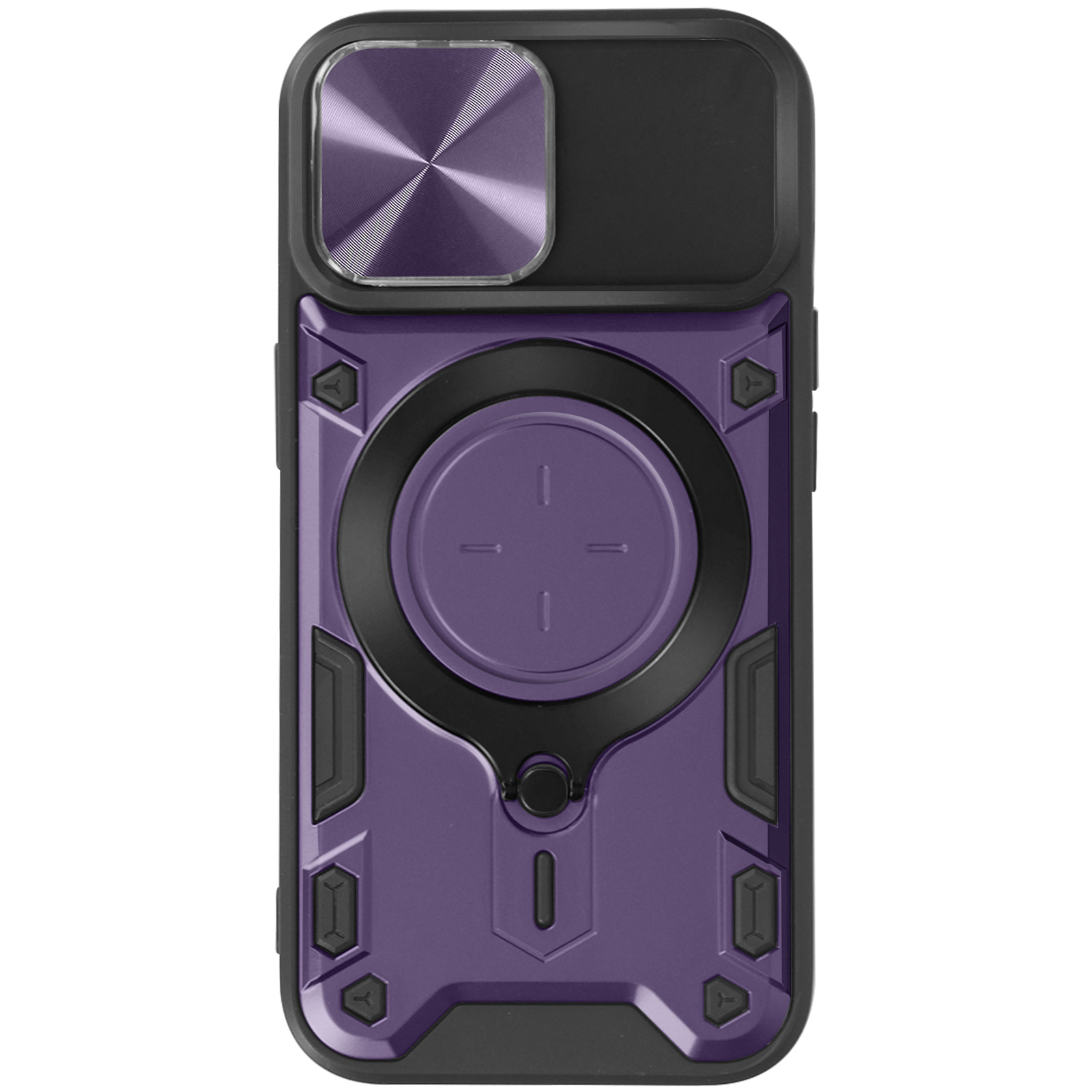 Custodia per telefono viola con copertura fotocamera nera e cornice nera su sfondo bianco.