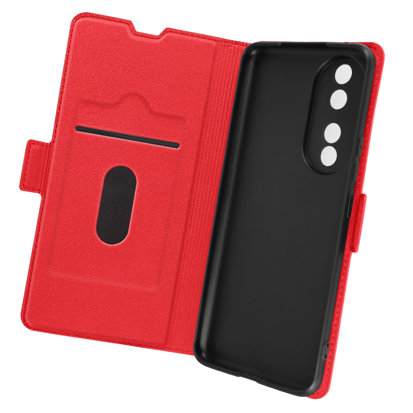 Custodia rossa per telefono aperta, con fessure per carte e una custodia nera per telefono all'interno.