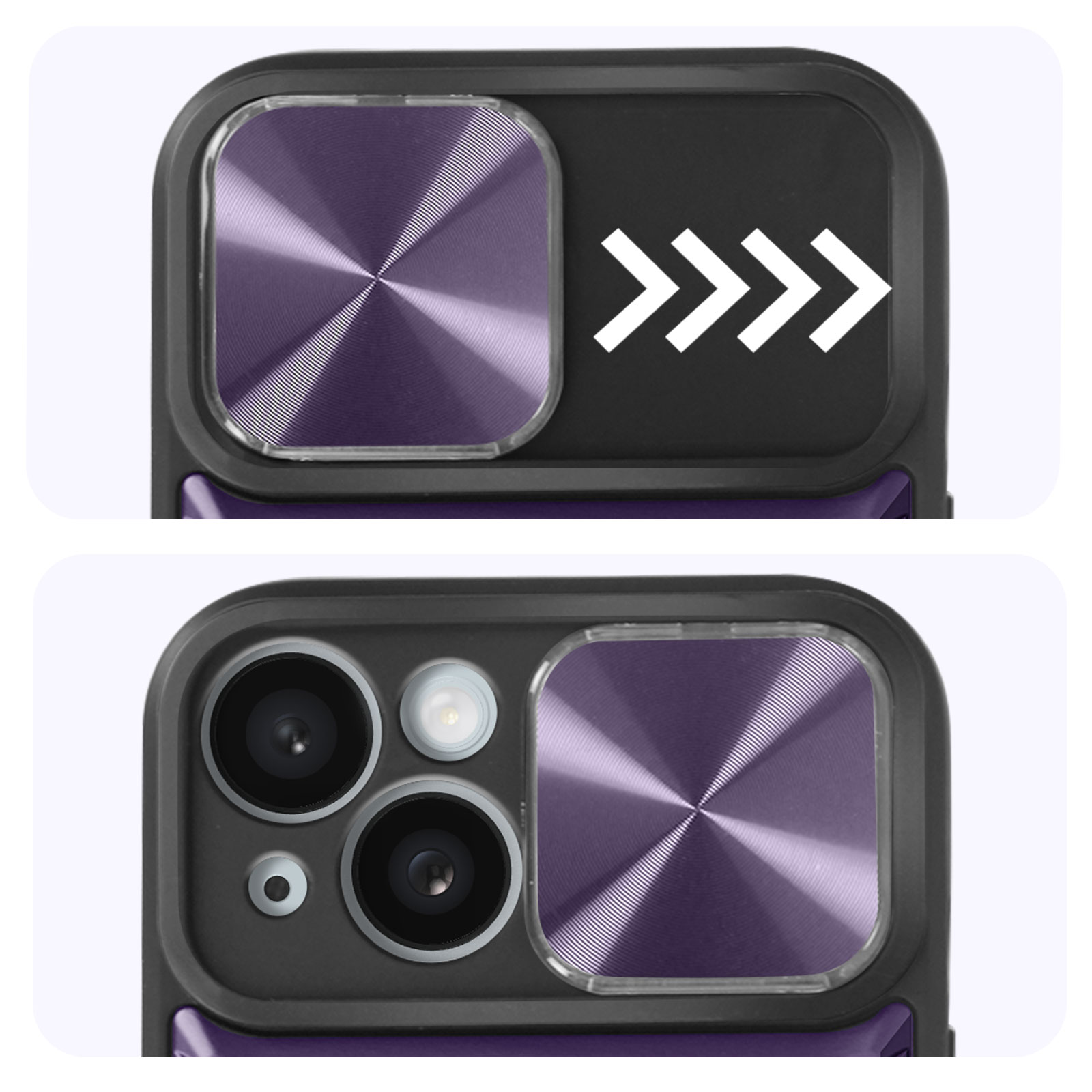 Due immagini: una mostra il modulo fotocamera del telefono con una cover e l'altra senza.