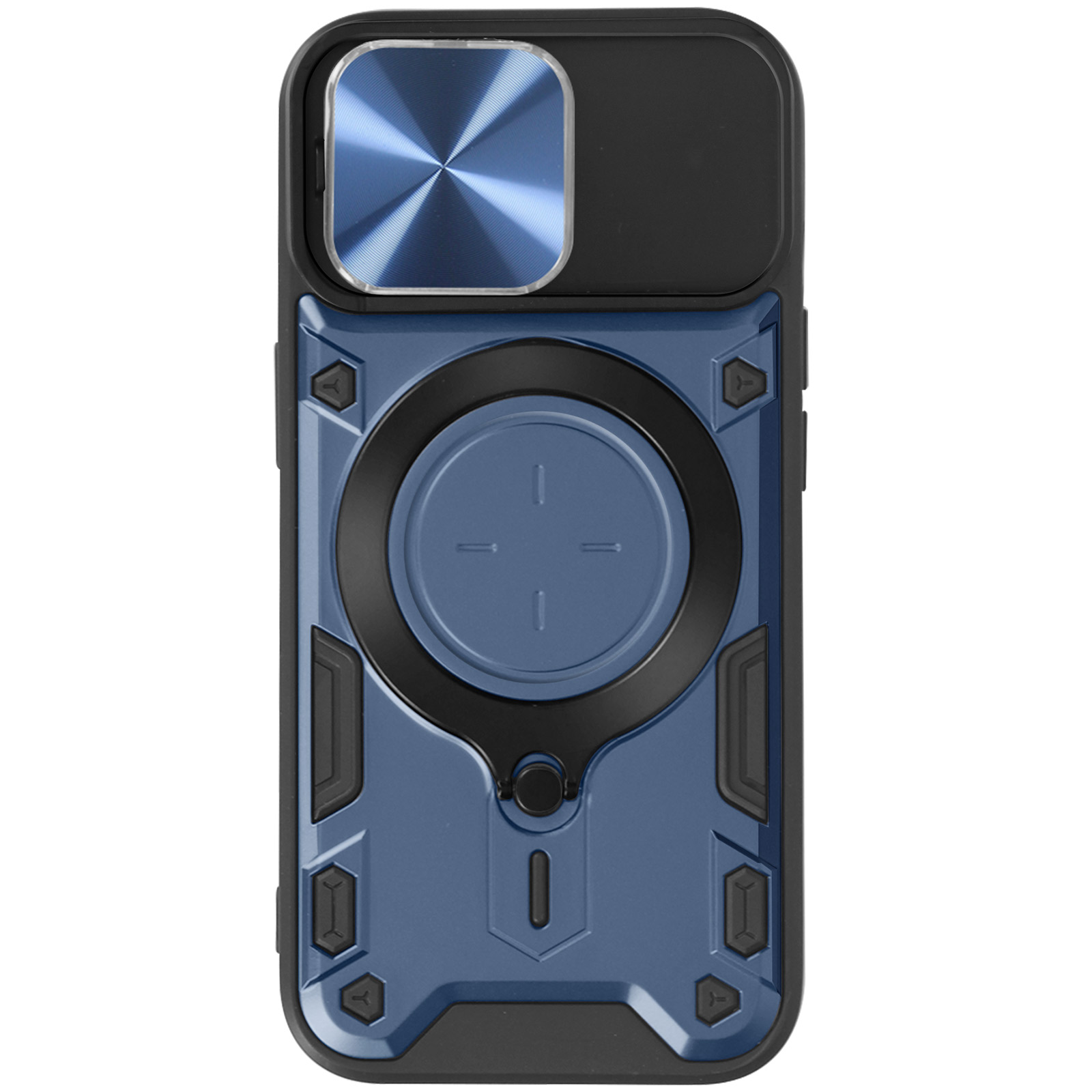 Blaue und schwarze Handyhülle mit Kameraabdeckung. Robustes Design. Weißer Hintergrund.