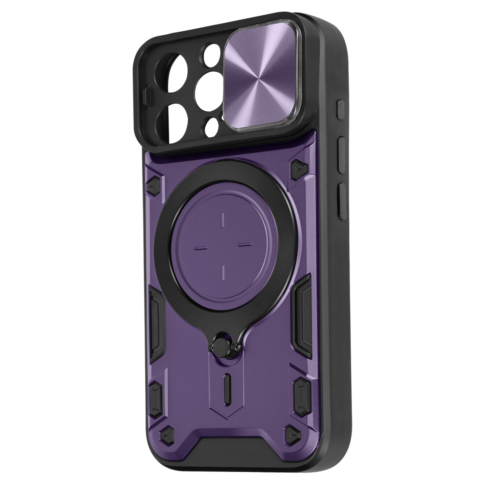 Una custodia per telefono viola con un anello per fotocamera nero e lati neri.