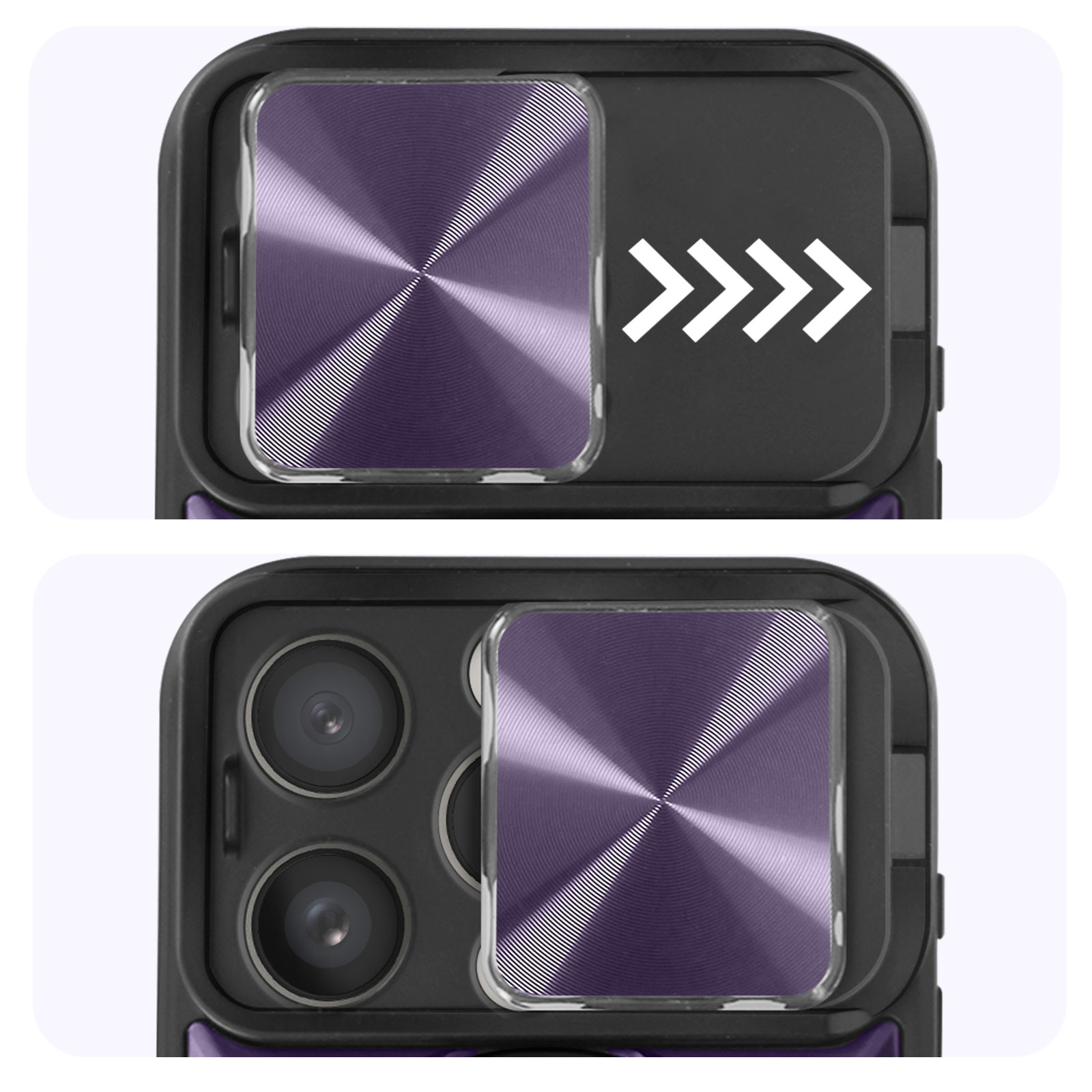 Due immagini di una custodia per smartphone con copertura fotocamera viola scorrevole, aperta e chiusa.