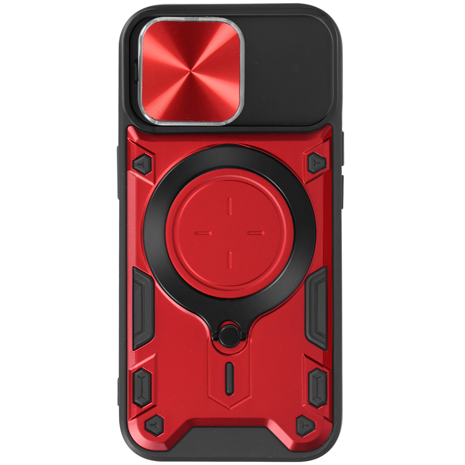 Custodia per telefono rossa e nera. Con copertura fotocamera e design robusto. Dettagli neri.