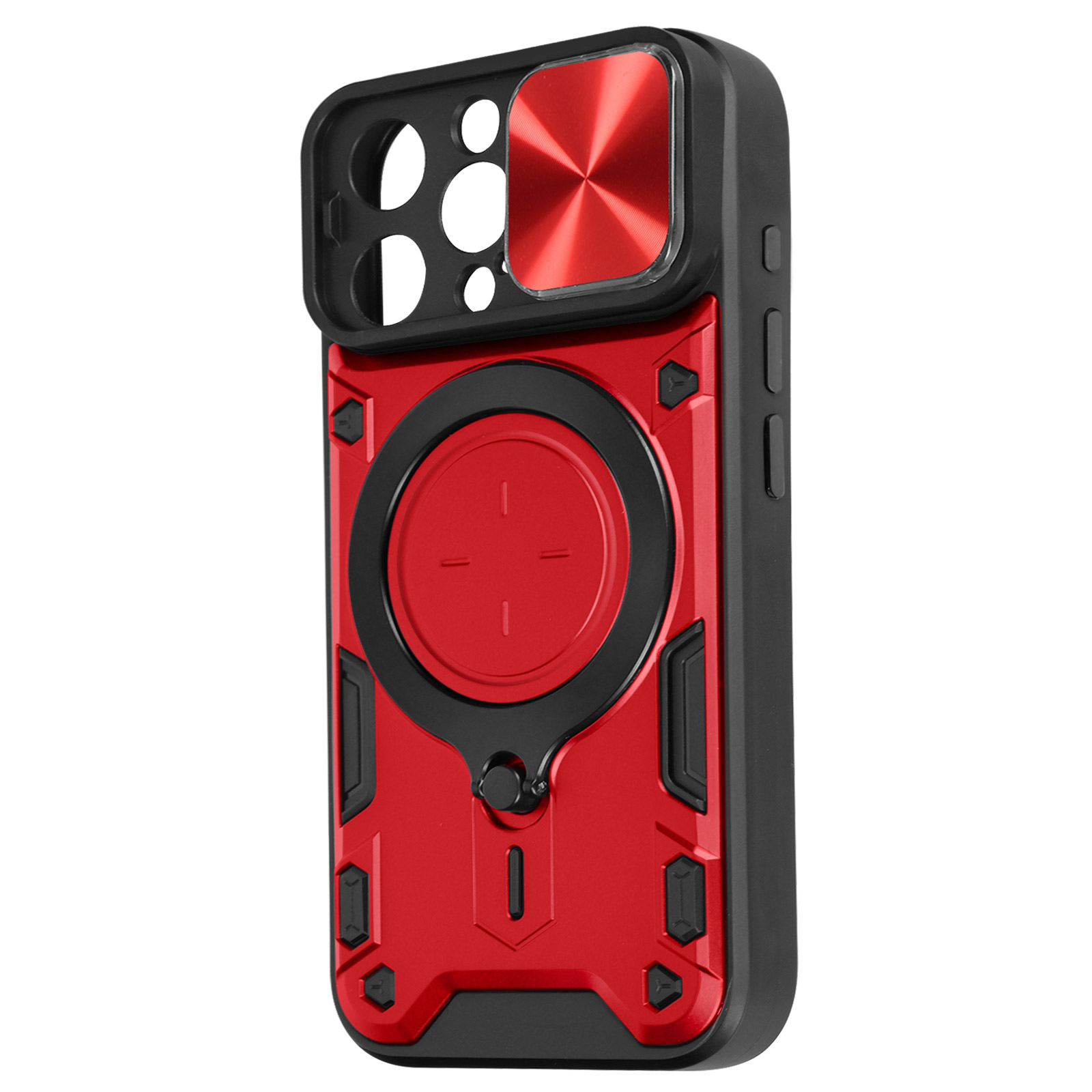 Custodia per telefono rossa e nera con design circolare. Protezione lente della fotocamera.