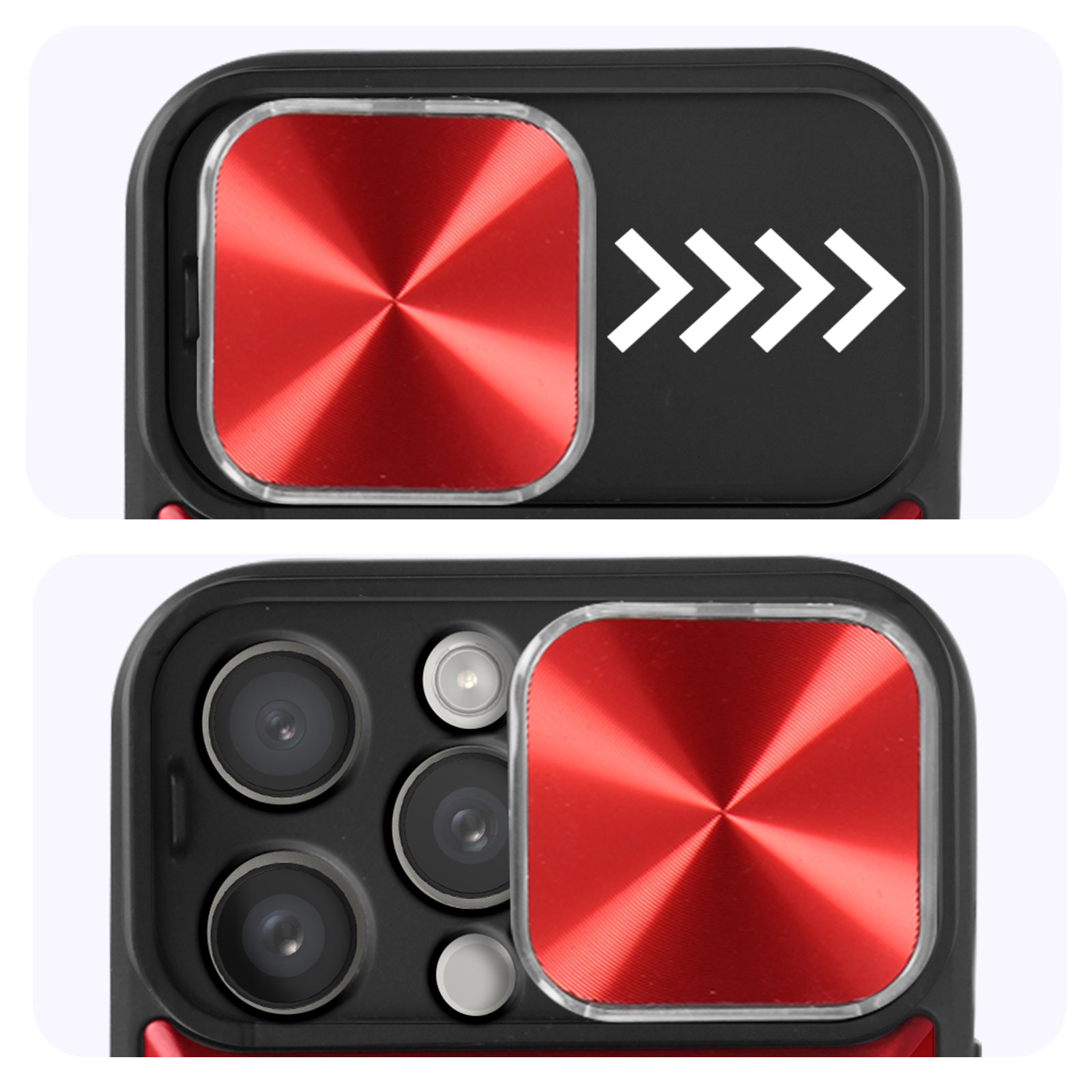 Primo piano, custodia rossa con protezione dell'obiettivo della fotocamera. Frecce bianche indicano la direzione.