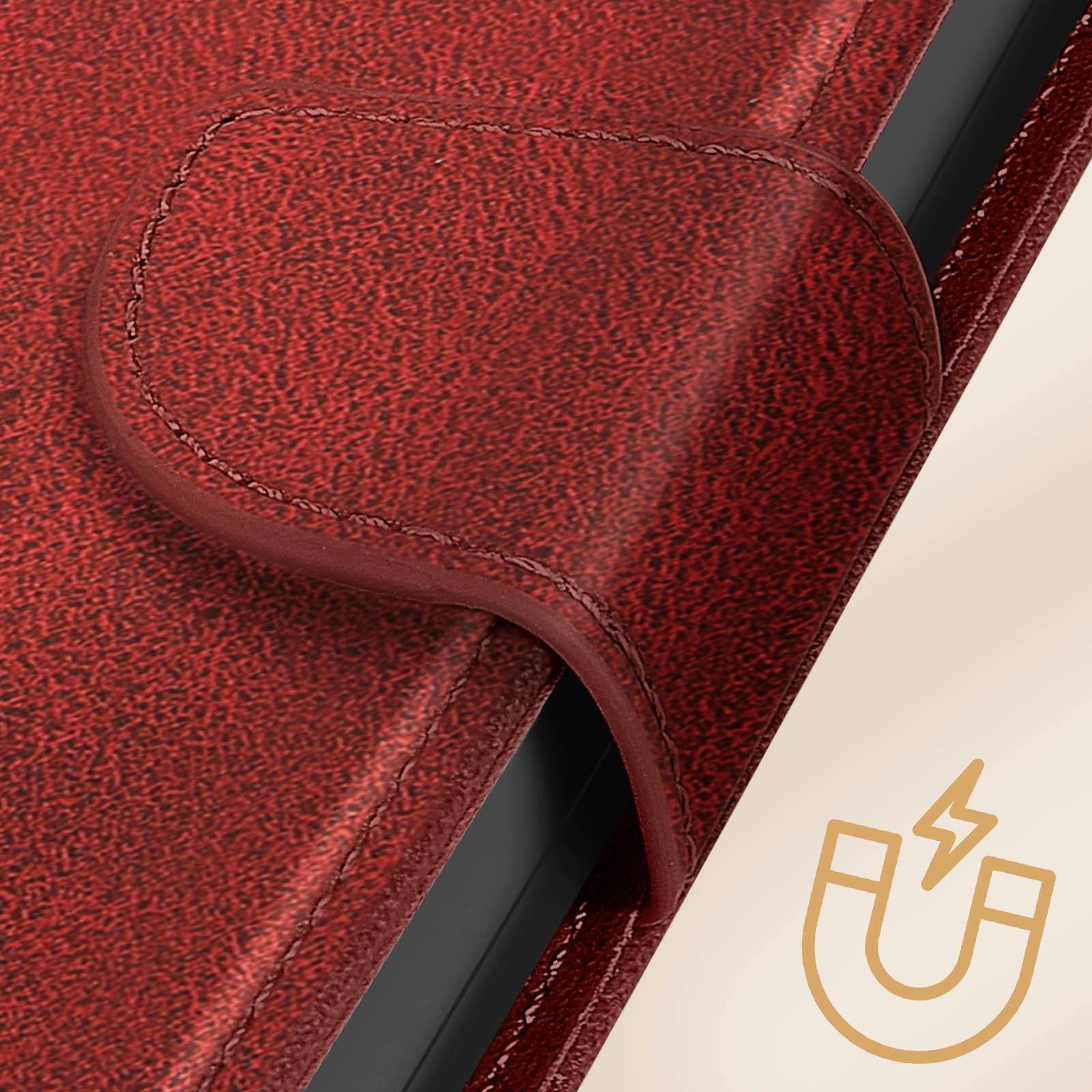Custodia in pelle rossa con chiusura magnetica. Carta bianca con icona fulmine.