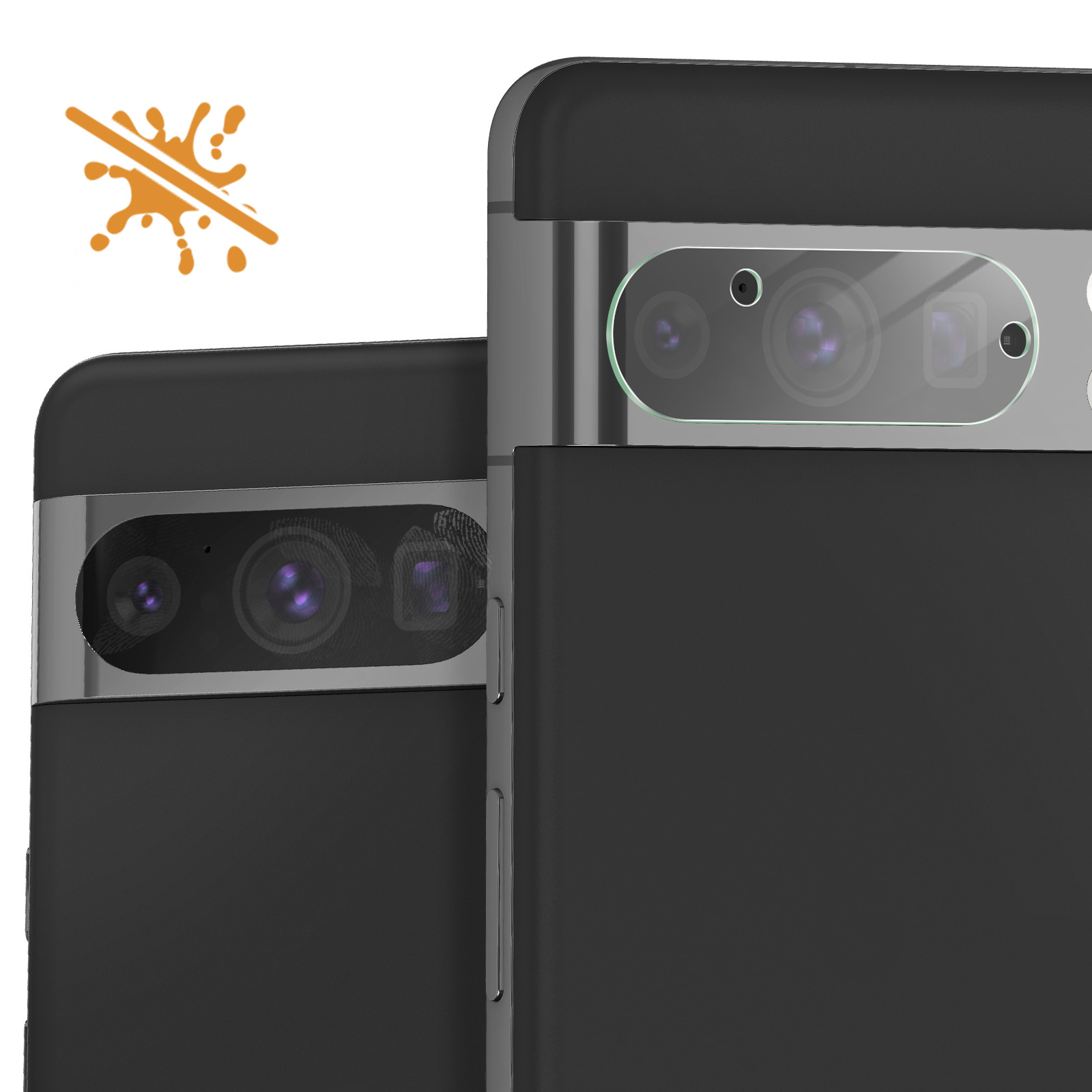 Due custodie nere per telefono con obiettivi della fotocamera, primo piano, isolate su sfondo bianco.