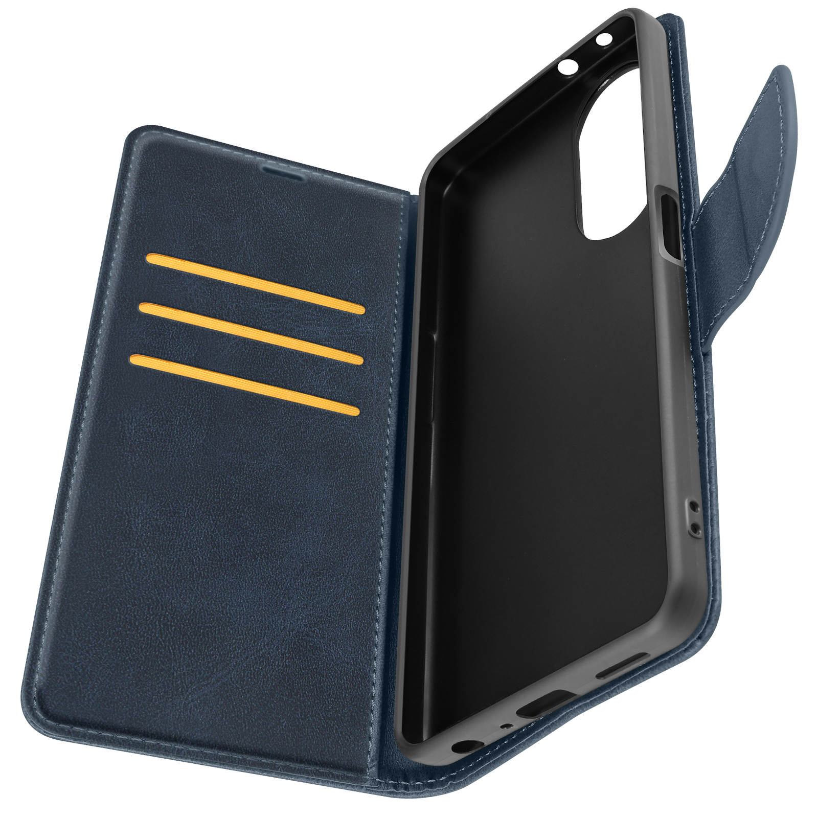 Custodia blu per telefono, aperta, con fessure per carte, telefono inserito e chiusura magnetica.