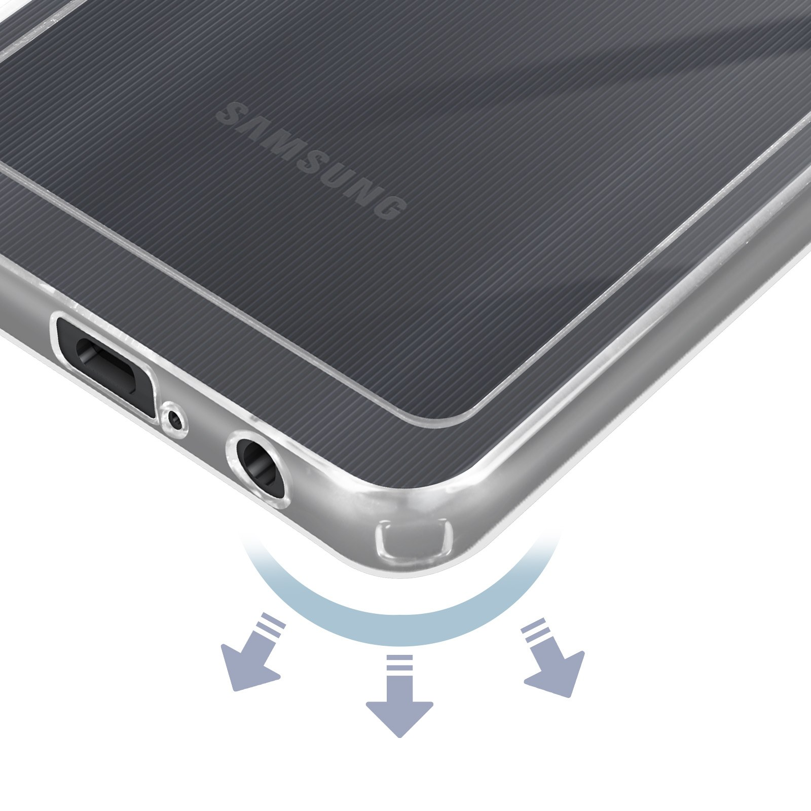 Primo piano di una custodia per telefono con un design curvo e frecce rivolte verso il basso.