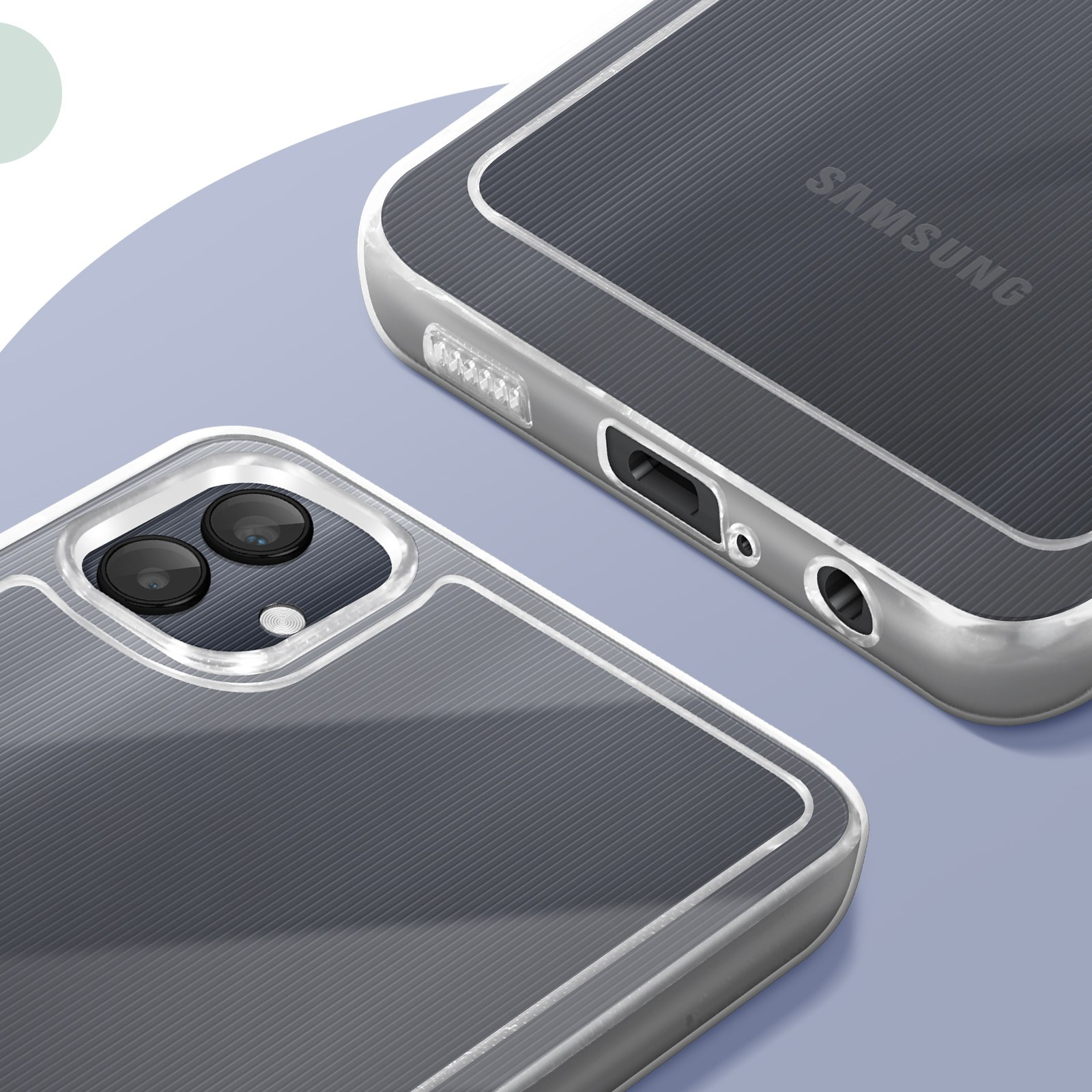 Primo piano di una custodia per telefono con logo Samsung, che mostra l'area della fotocamera.