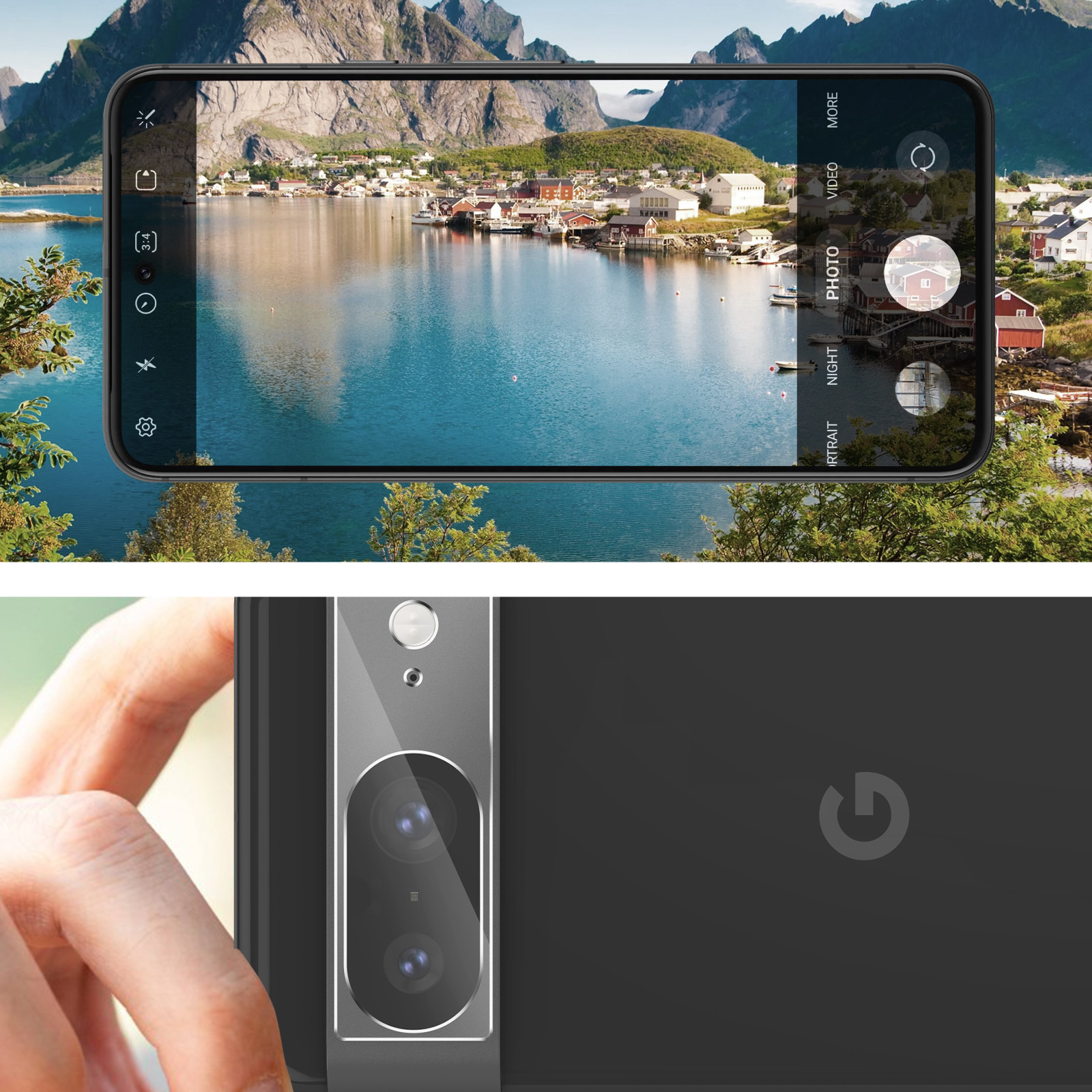 Telefono che mostra una vista panoramica, tenuto in mano. Fotocamera sotto.