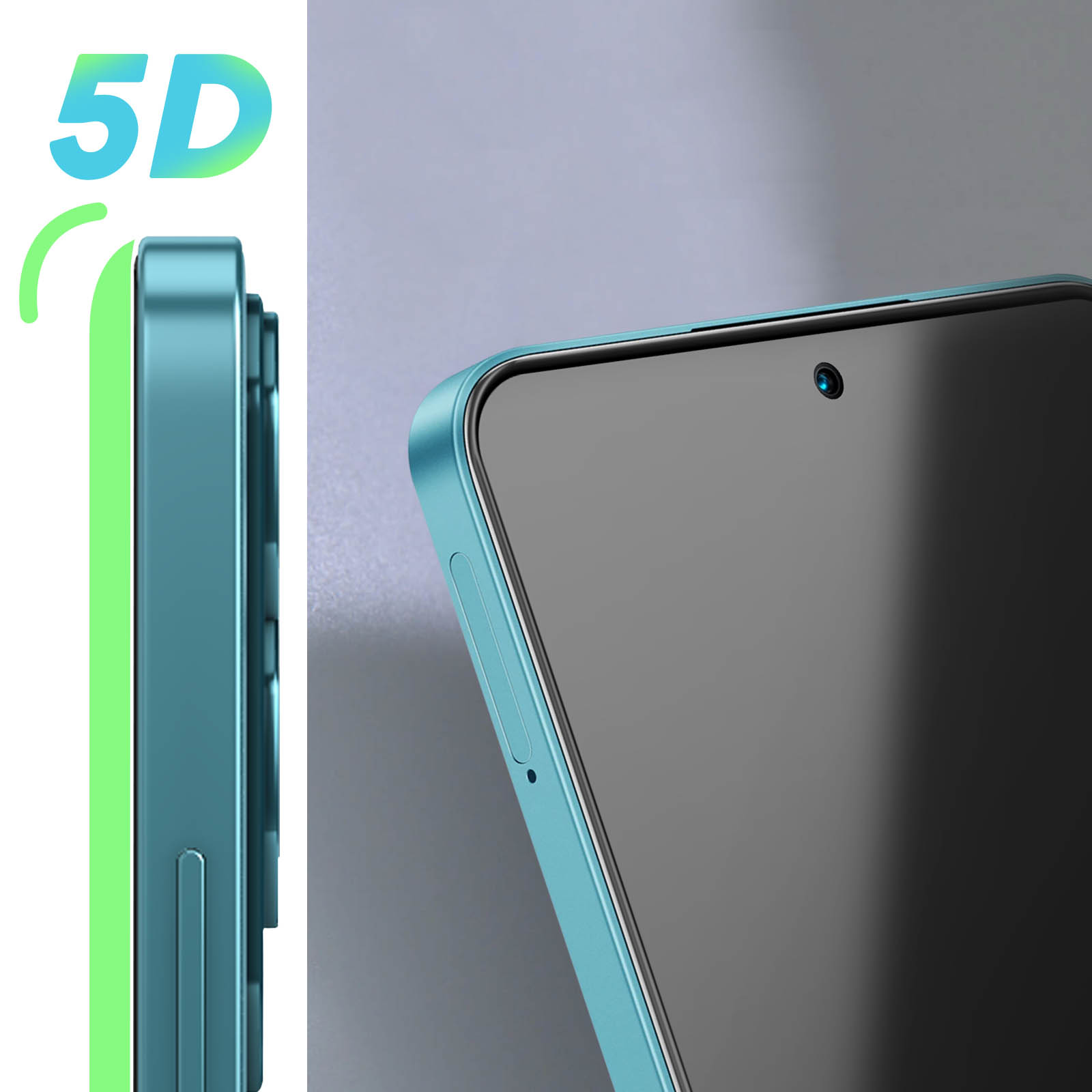 Custodia per telefono turchese con schermo scuro. Testo 5D verde sopra il telefono.