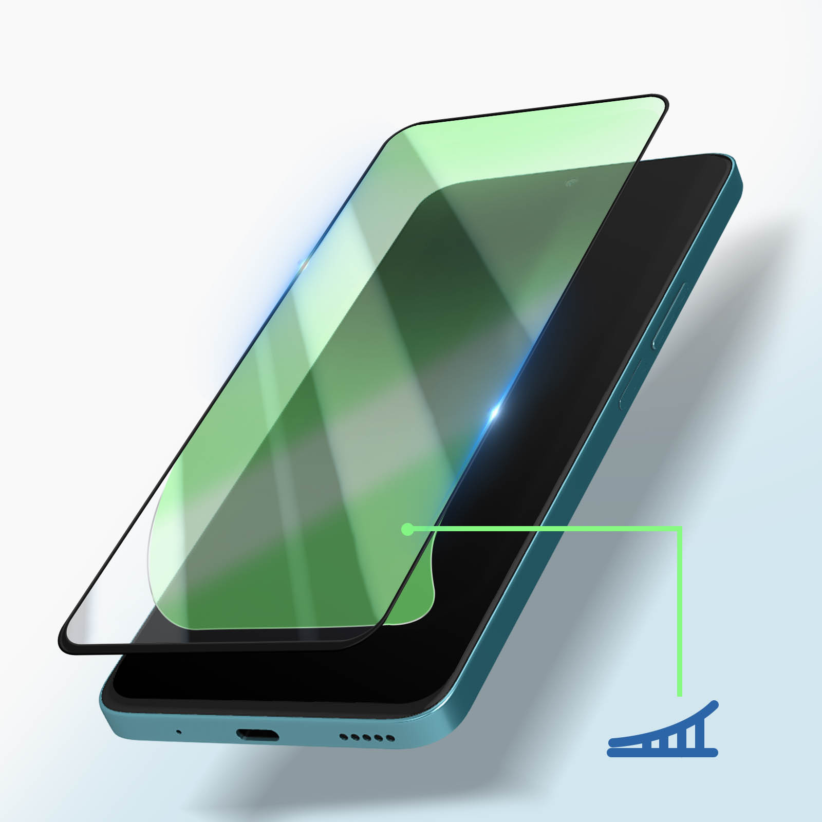 Un telefono con un proteggi schermo in fase di applicazione. Il proteggi schermo è leggermente fuori posto, con un indicatore verde.
