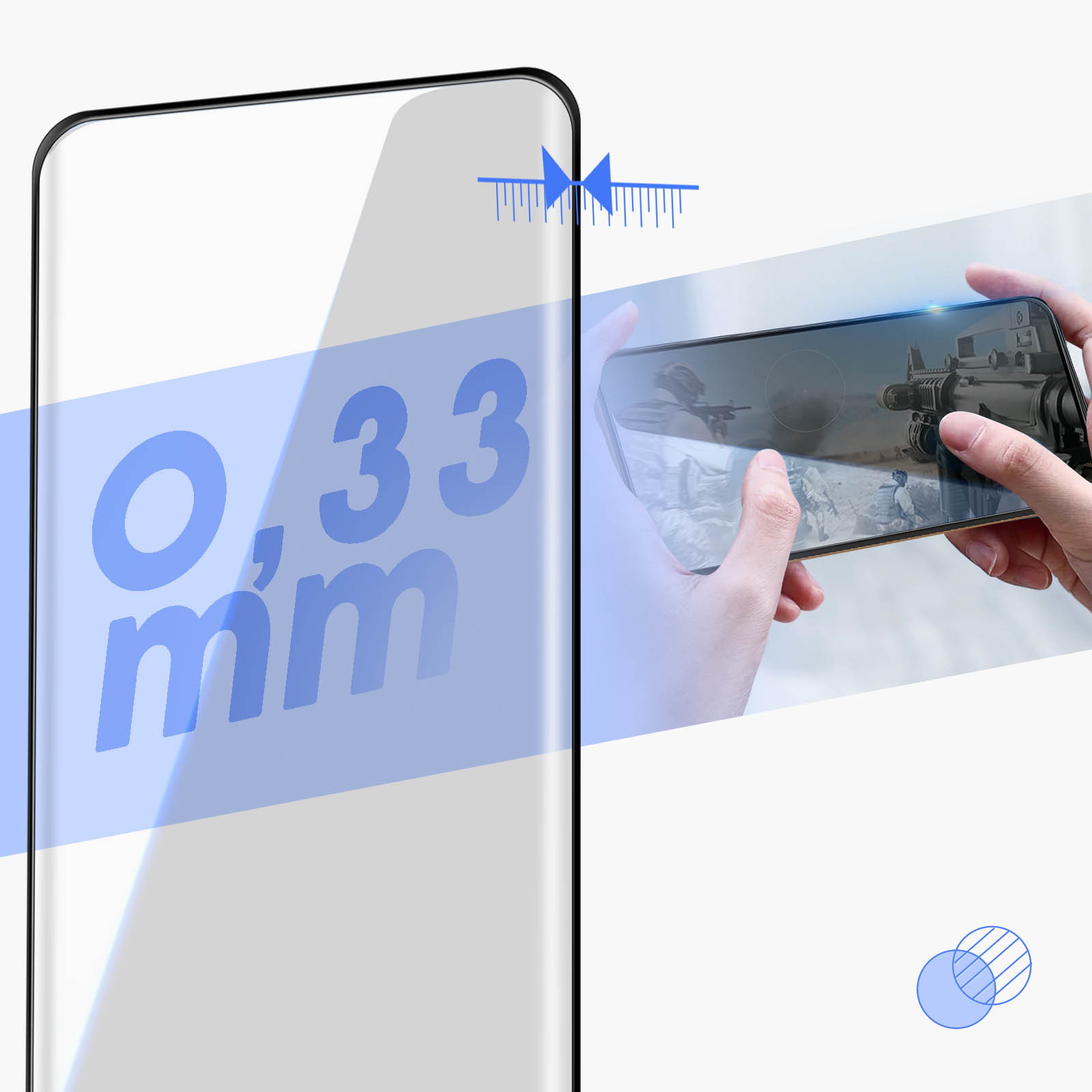 Un proteggi schermo per telefono con un telefono e testo sullo spessore. Sfondo blu.