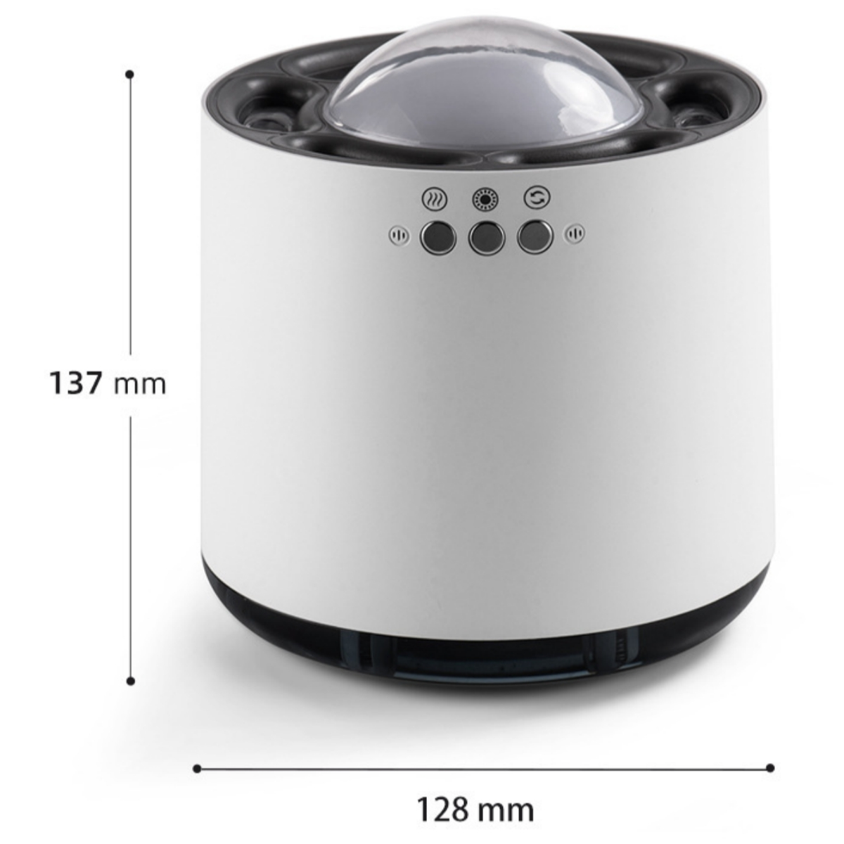 Ein weißer Aromatherapie-Diffusor mit gewölbter Oberseite und drei Knöpfen, Maße auf Weiß gezeigt.