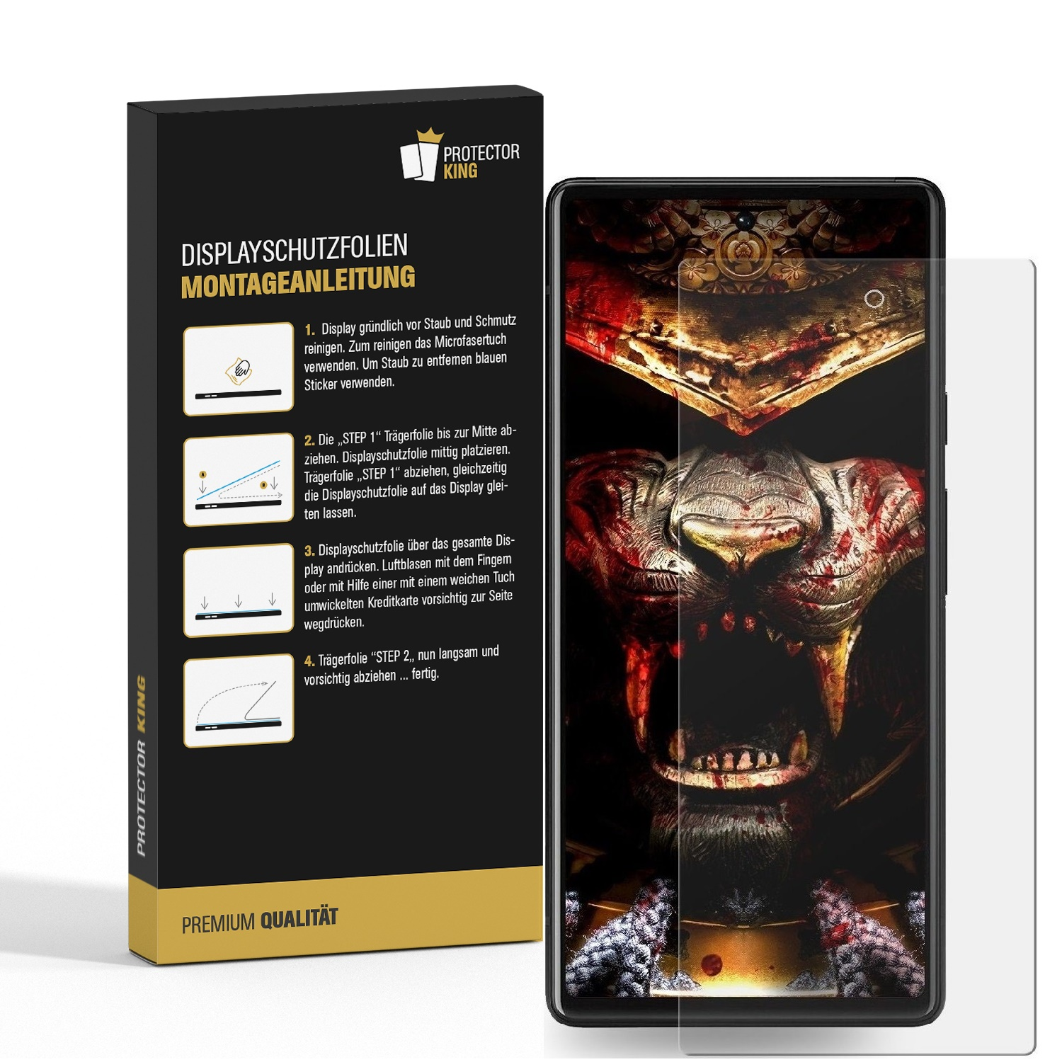 Handy-Displayschutzfolien-Verpackung und Handy. Der Telefonbildschirm zeigt ein feuriges Bild.