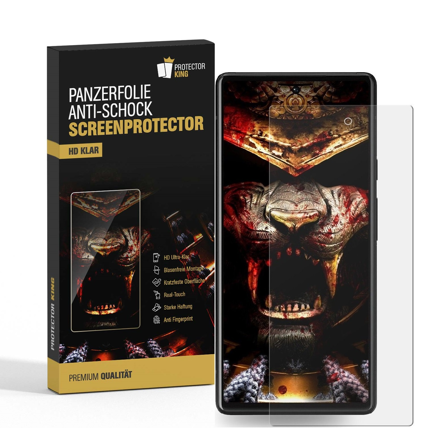 Eine Displayschutzfolienbox mit einem Telefon, das ein farbenfrohes Bild zeigt. Enthält Details wie HD klar und Anti-Schock.
