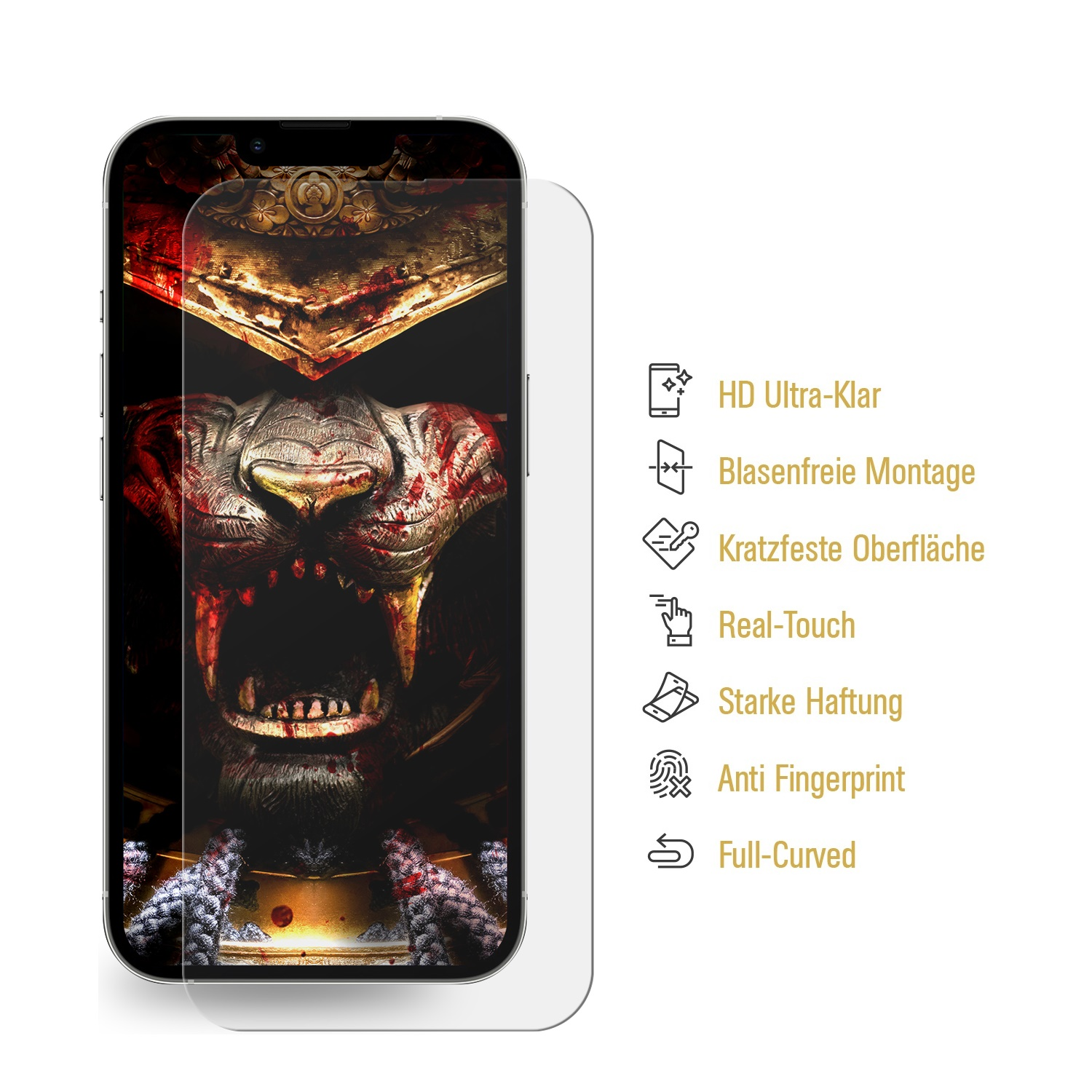 Ein Telefon mit Schutzfolie, das ein Tigerdesign und Funktionen wie HD-Klarheit und Anti-Fingerprint zeigt.