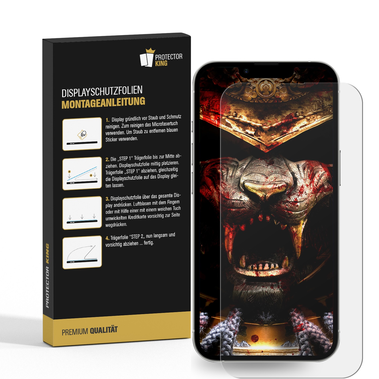 Displayschutzverpackung mit einem Handy mit Krieger, und eine separate Displayschutzfolie.