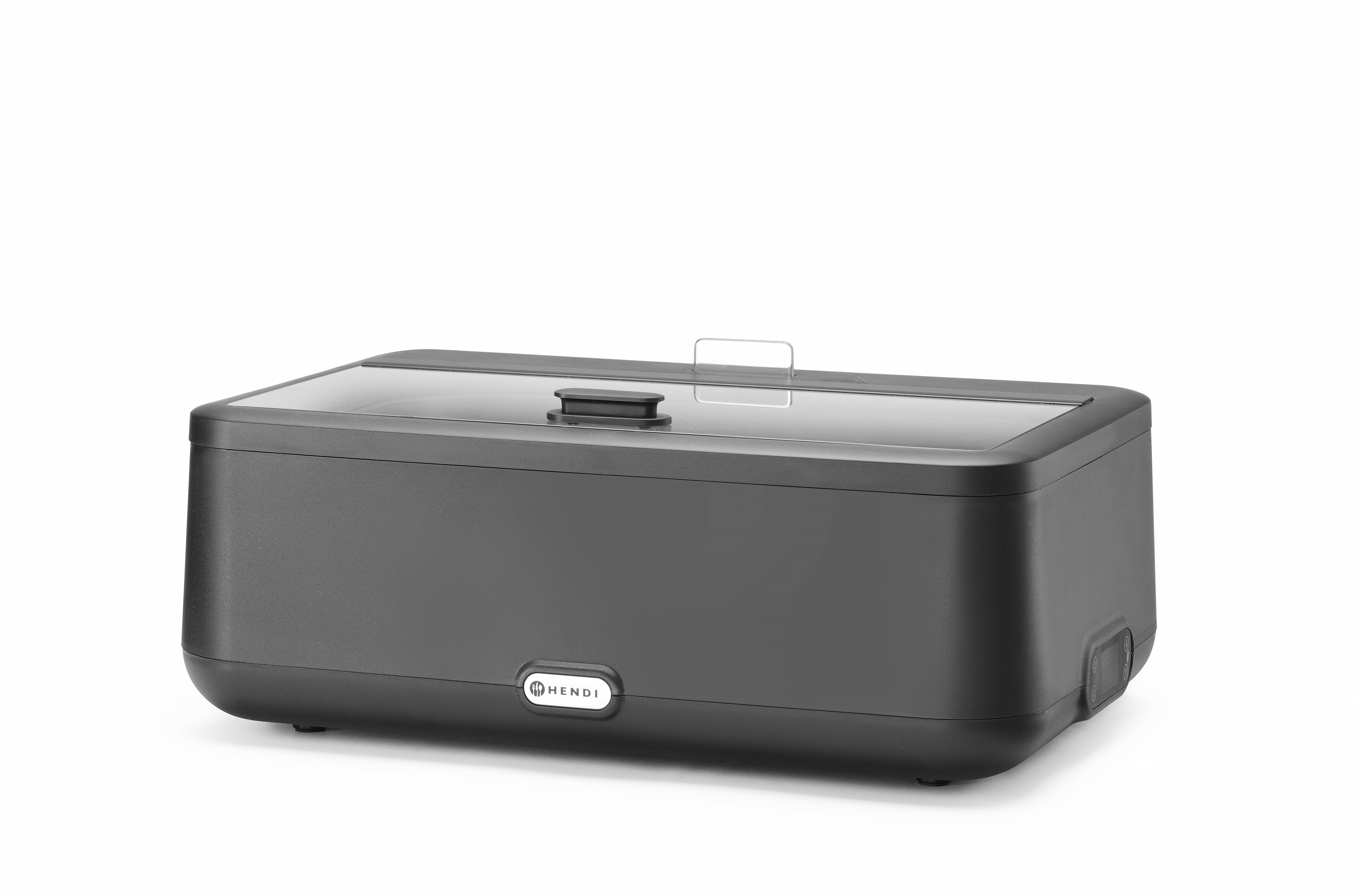 Eine schwarze Warmhaltebox mit transparentem Deckel. Es hat eine rechteckige Form.