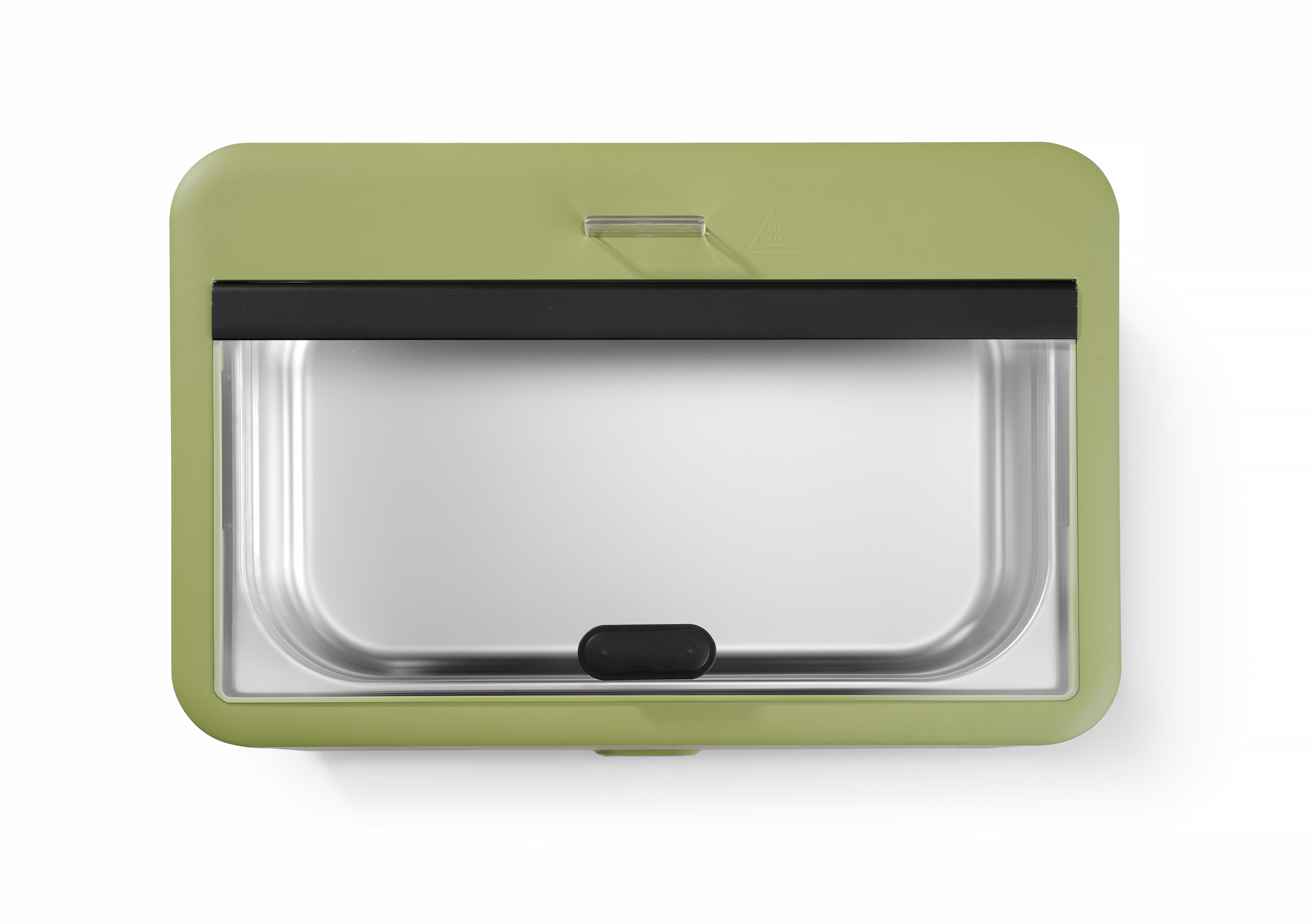 Draufsicht auf eine grüne Warmhaltebox mit transparentem Deckel. Der Deckel ist offen.