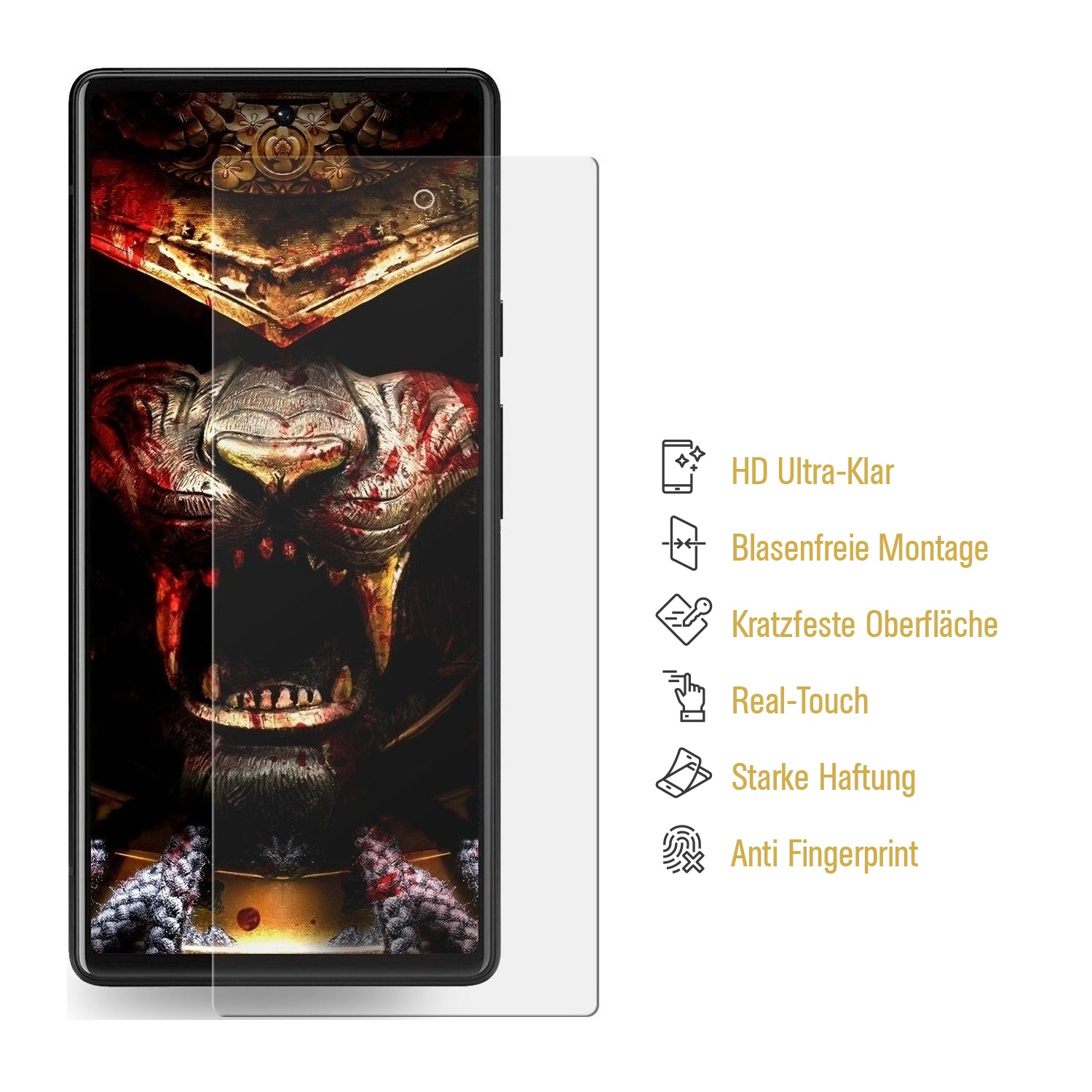 Telefon mit Displayschutzfolie, die ein Löwengesicht zeigt. Symbole, die Funktionen anzeigen, sind sichtbar.