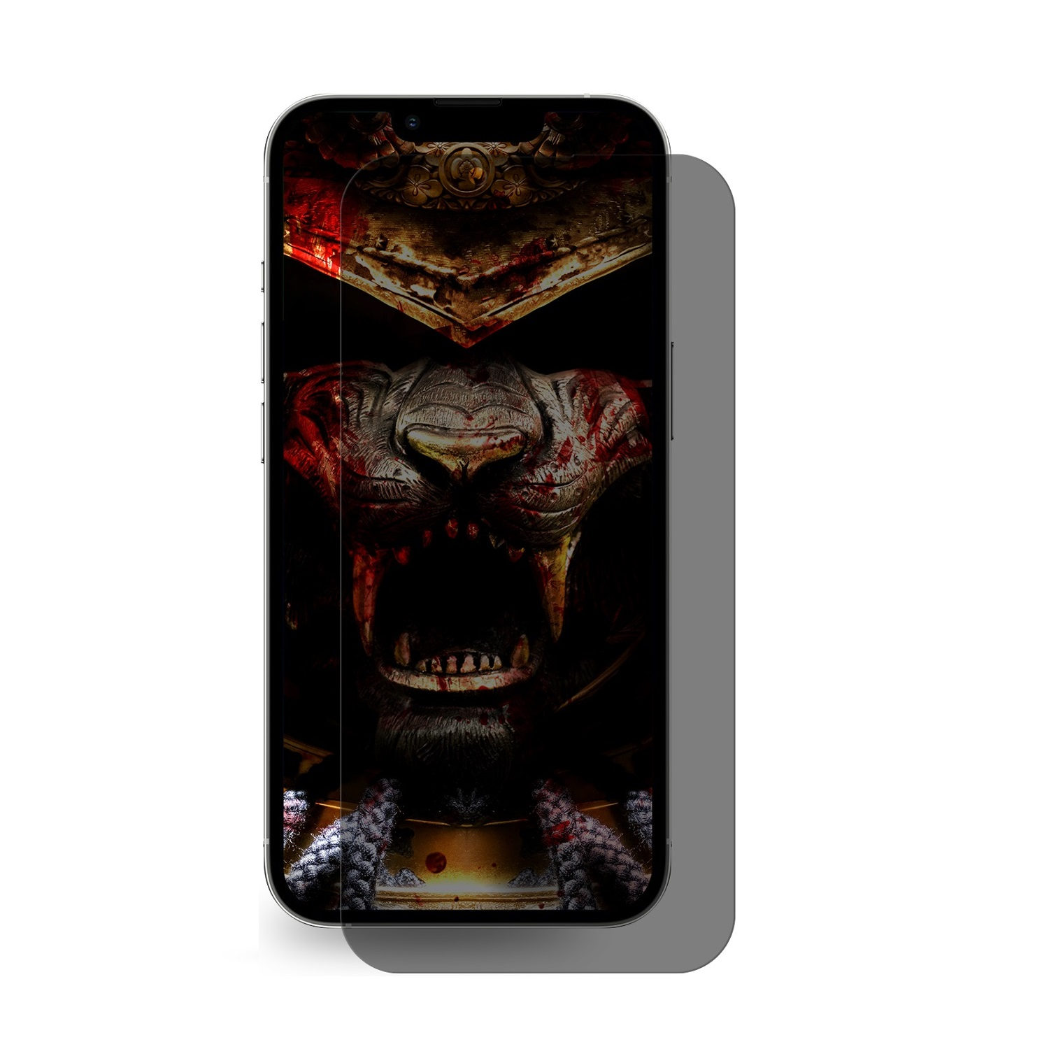 Telefon mit Displayschutz, der ein Samurai-Gesicht zeigt.