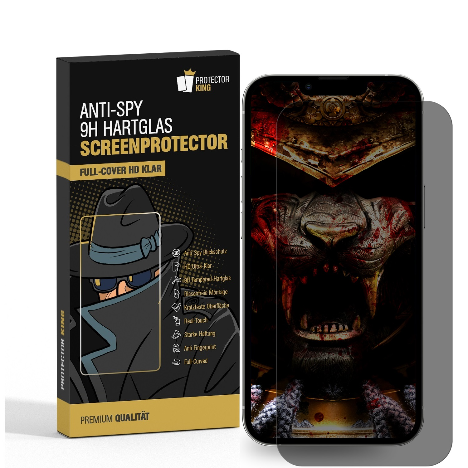 Ein Telefon mit einem Anti-Spionage-Displayschutz und Verpackung, das einen dunklen Bildschirm zeigt.