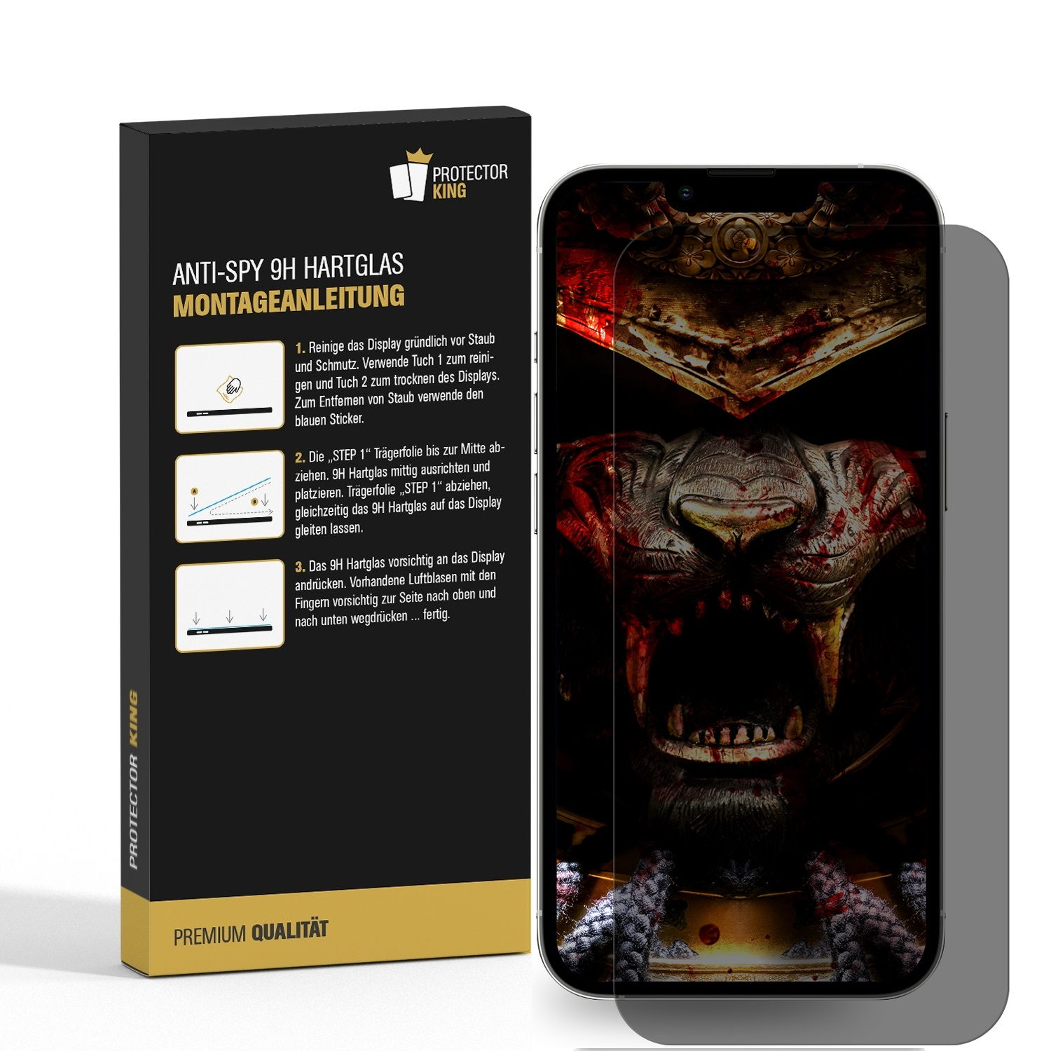 Displayschutzfolien-Box und Handy mit aufgebrachter Folie. Anweisungen auf der Box. Dunkles Bild.