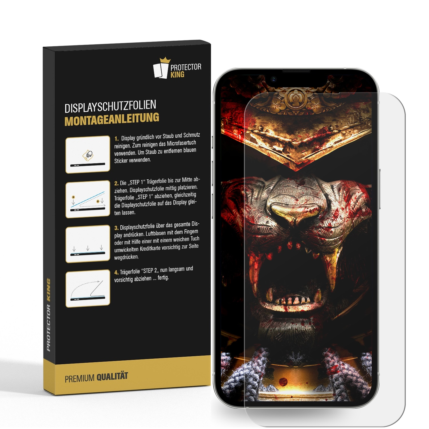 Displayschutzfolienbox, Anweisungen und ein Telefon mit aufgebrachter Displayschutzfolie.