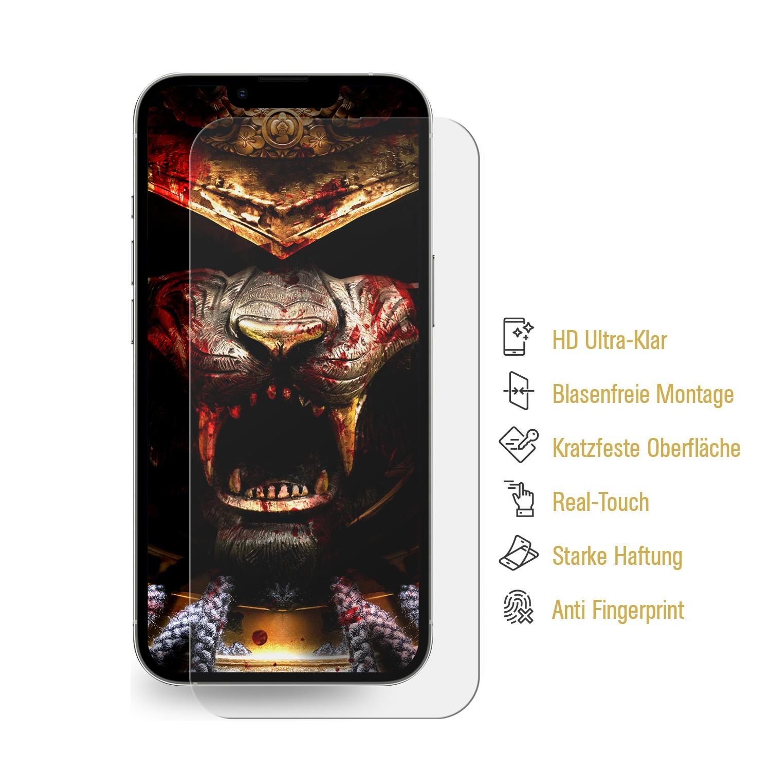 Handy-Displayschutzfolie auf einem Handy, mit Krieger-Illustration. Text: HD Ultra-klar, Anti-Fingerabdruck.