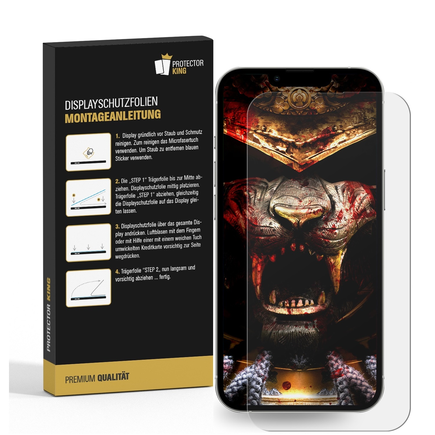 Displayschutzfolie und Anleitung auf einem Tisch, Telefon zeigt die Folie.
