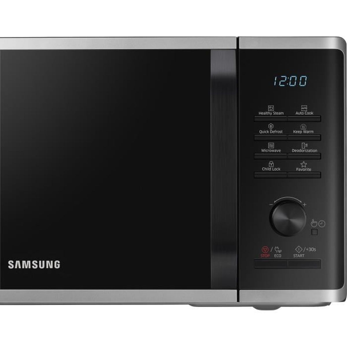 Forno a microonde nero con display digitale, pannello di controllo e logo SAMSUNG.