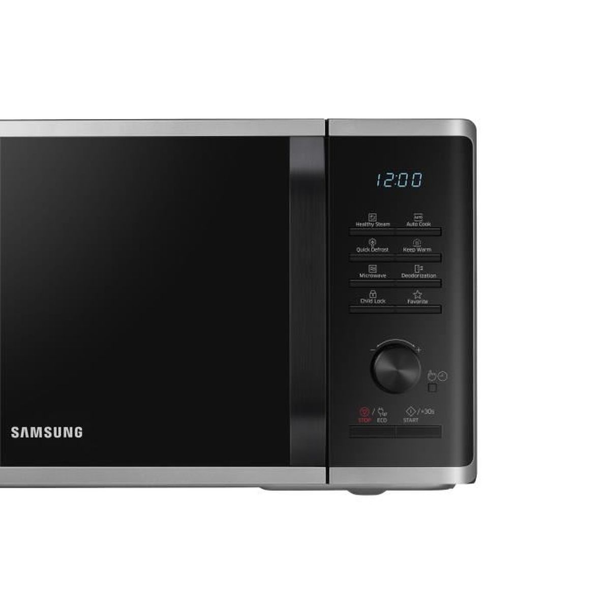 Un forno a microonde nero e argento con display digitale che mostra le 12:00. Sono visibili vari pulsanti.