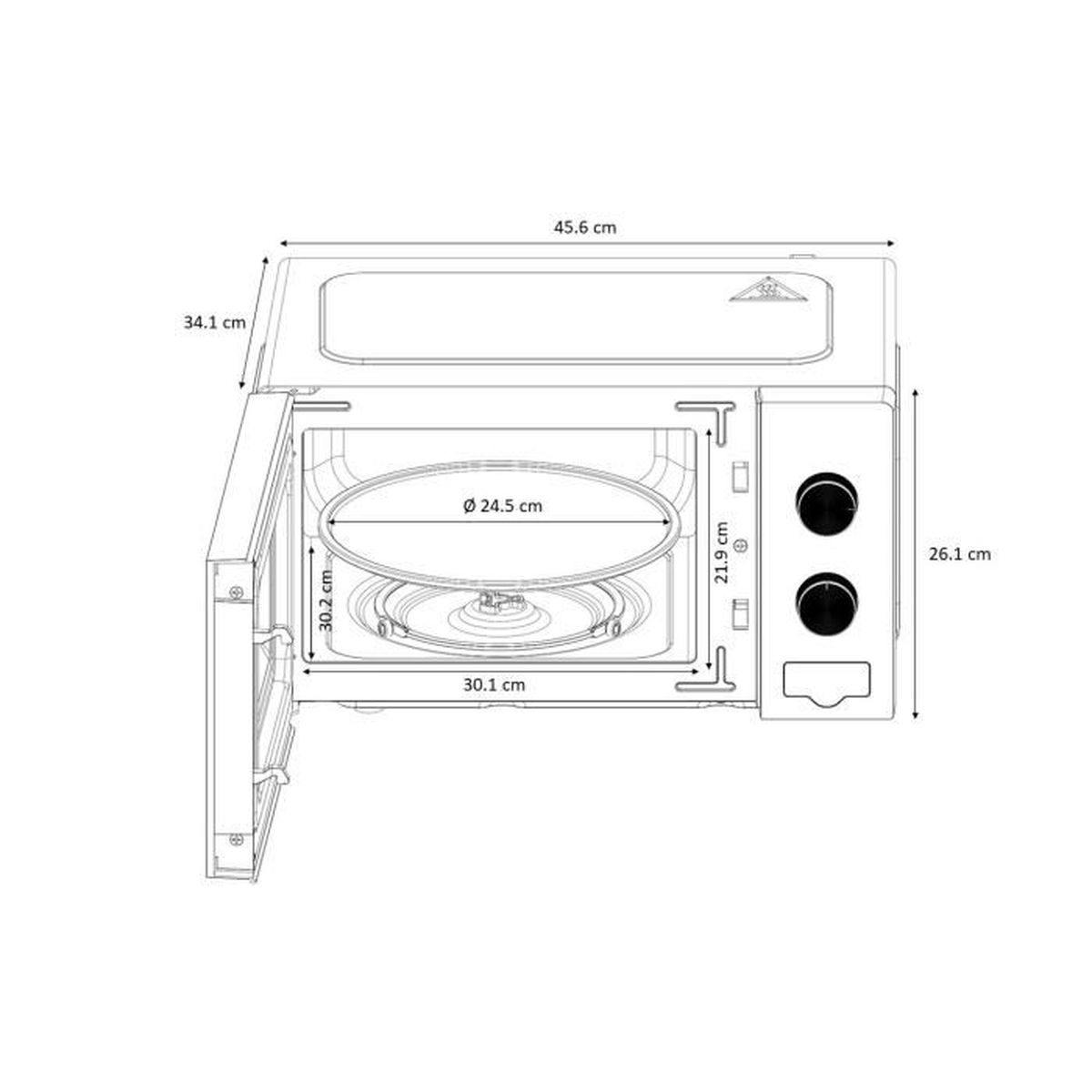 Open magnetron met afmetingen. Binnenin een draaiende glazen plaat.